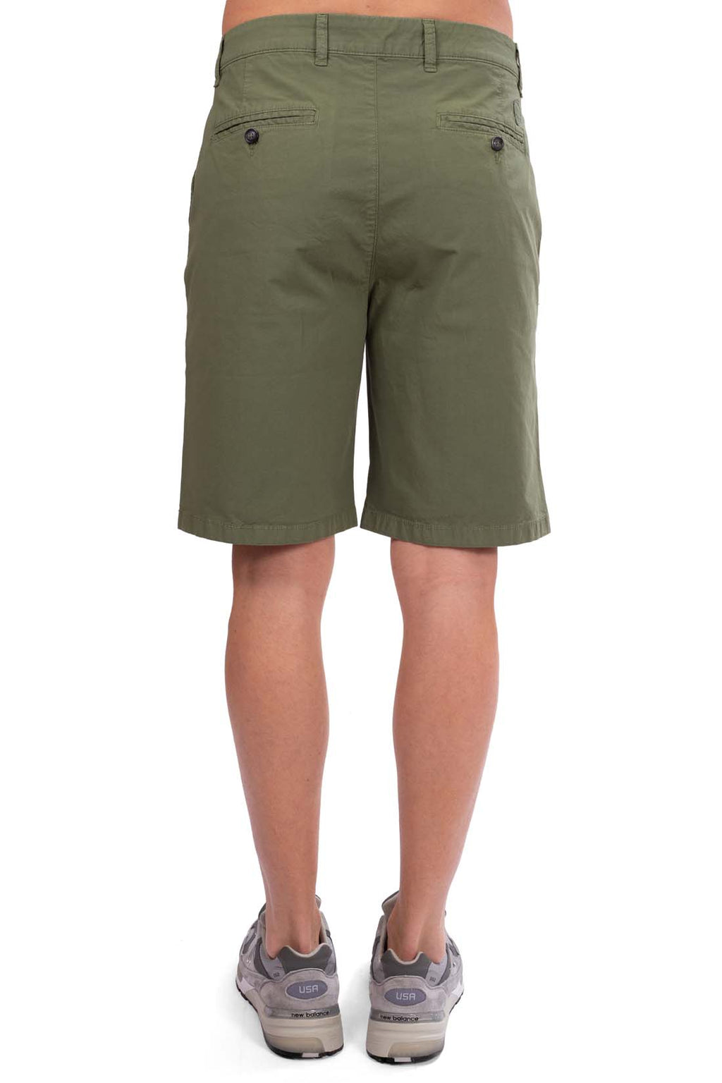 Men's navy blue stretch cotton chino Bermuda shorts with back pockets and embroidered logo. — view 19
