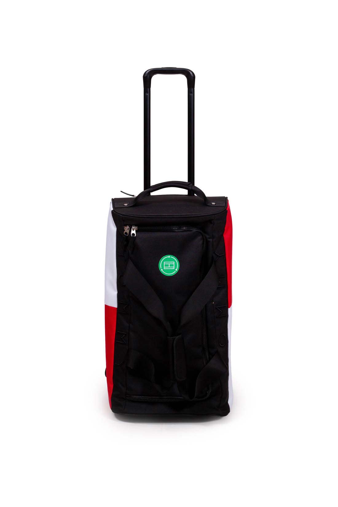 Black convertible wheeled duffel bag in recycled nylon with colorblock detail double handles and rod — view 6