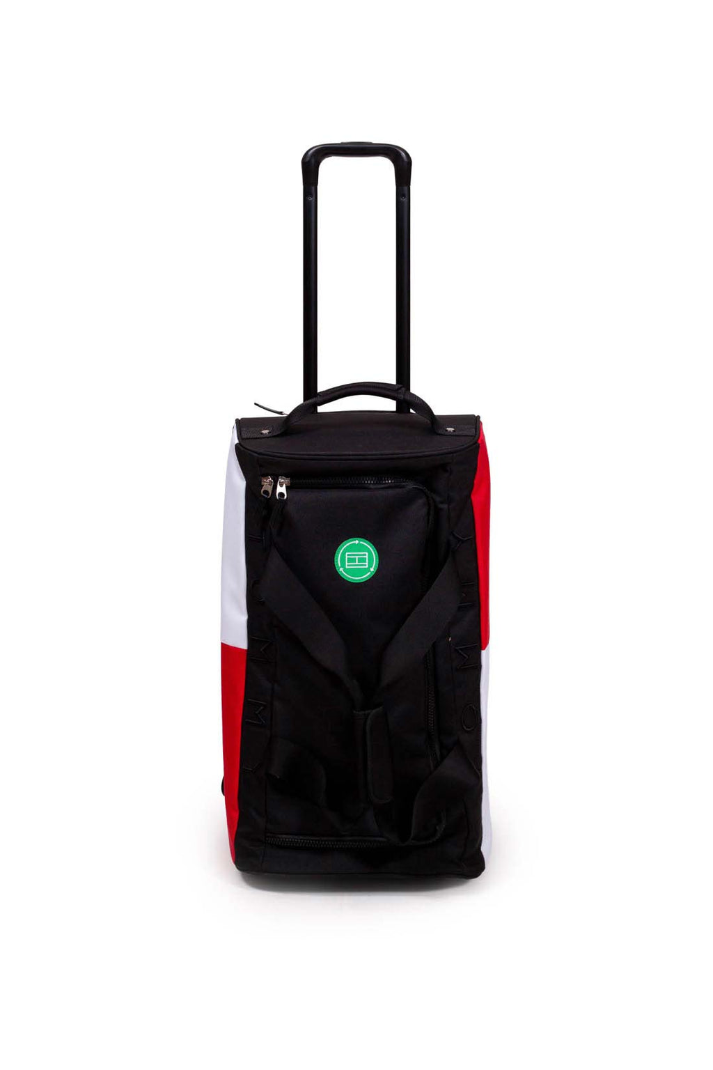 Black convertible wheeled duffel bag in recycled nylon with colorblock detail double handles and rod — view 12