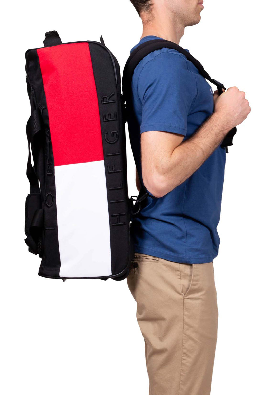 Black convertible wheeled duffel bag in recycled nylon with colorblock detail double handles and rod — view 5