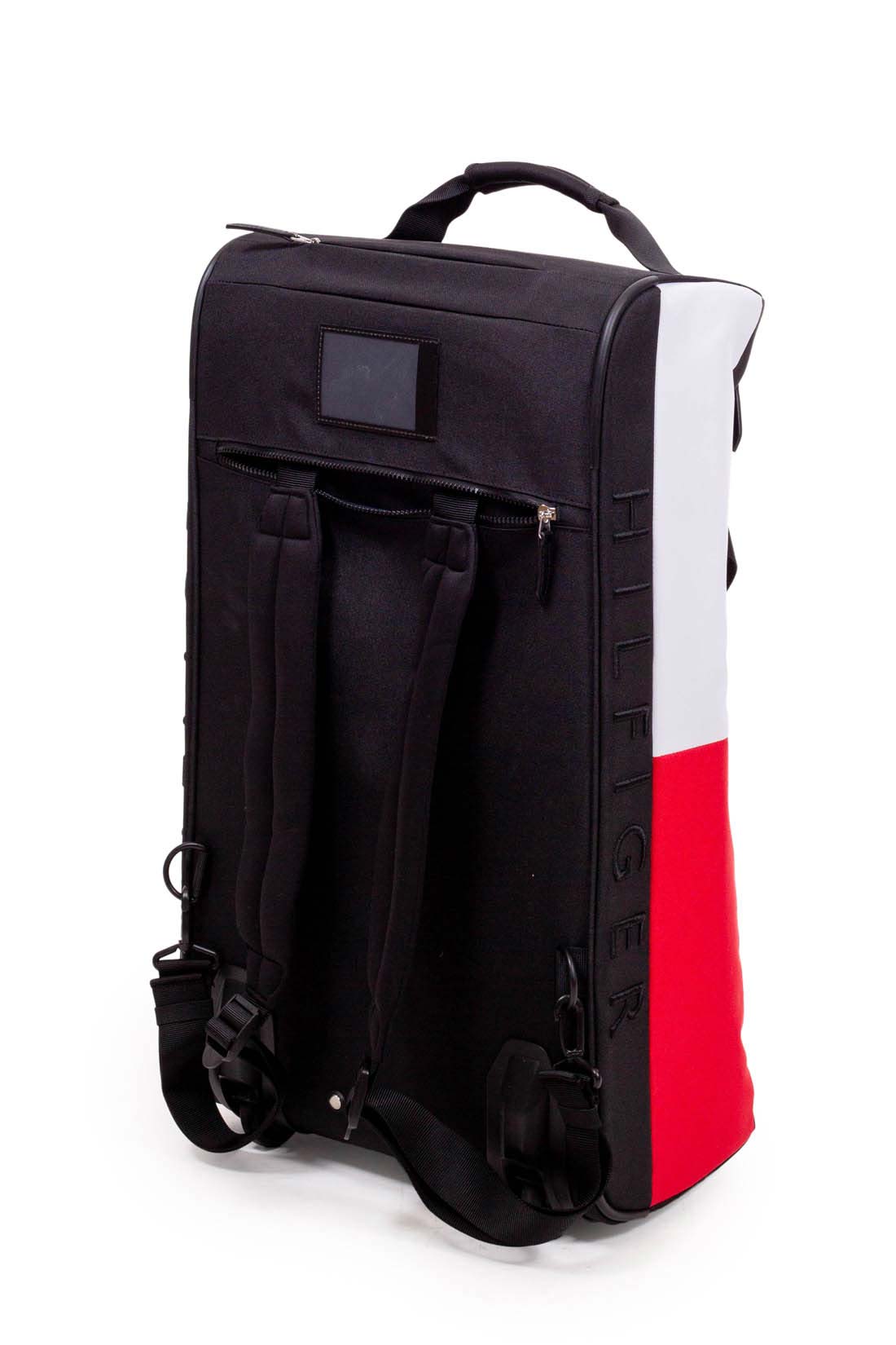 Black convertible wheeled duffel bag in recycled nylon with colorblock detail double handles and rod — view 4