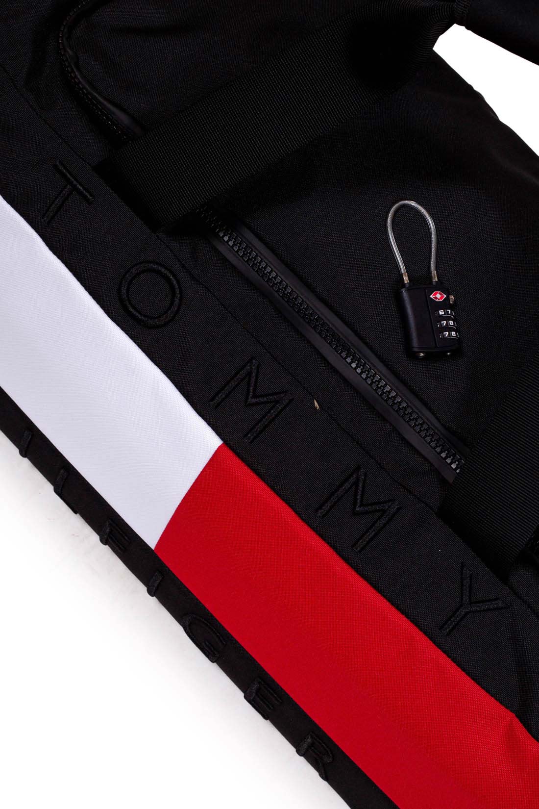 Black convertible wheeled duffel bag in recycled nylon with colorblock detail double handles and rod — view 2
