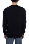 Brown Timberland men's wool blend pullover sweater with crew neck and subtly embroidered logo