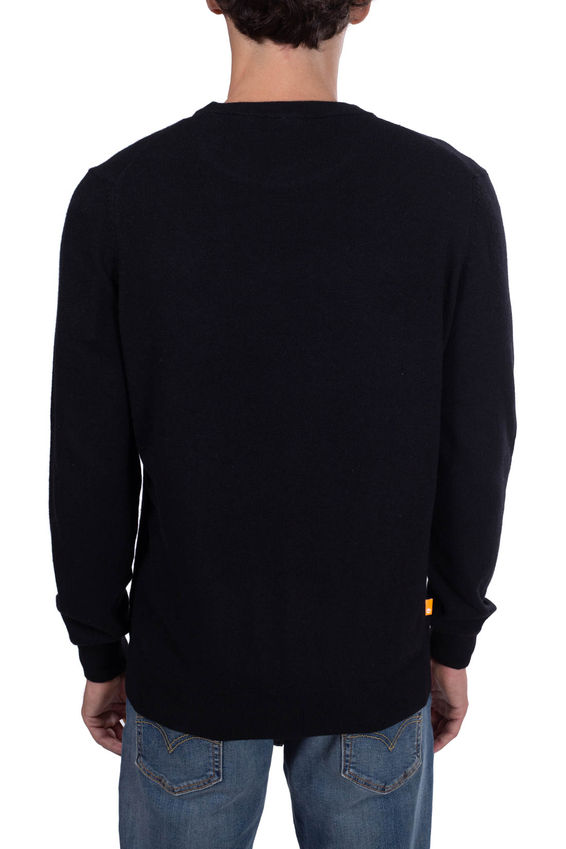 Brown Timberland men's wool blend pullover sweater with crew neck and subtly embroidered logo