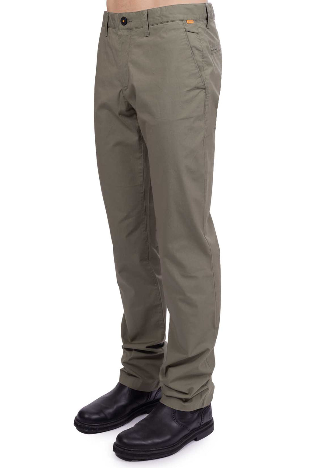 Men's military green stretch cotton chino trousers with a regular fit and back logo patch — view 2