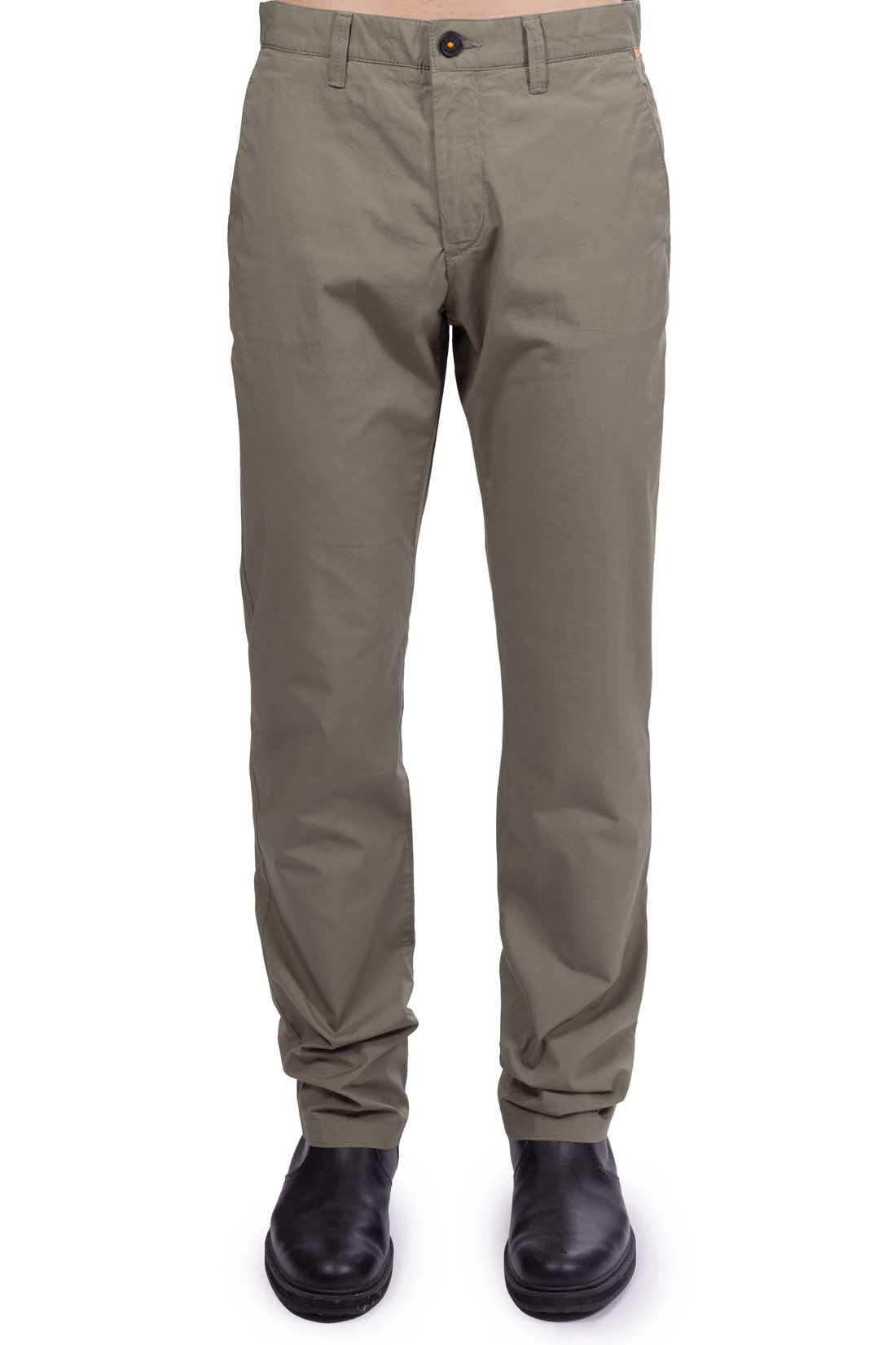 Men's military green stretch cotton chino trousers with a regular fit and back logo patch — view 16