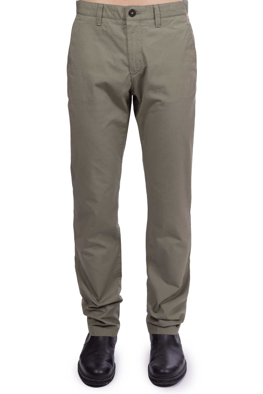 Men's military green stretch cotton chino trousers with a regular fit and back logo patch — view 8