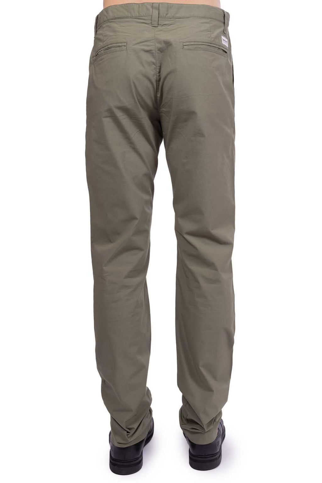Men's military green stretch cotton chino trousers with a regular fit and back logo patch — view 3