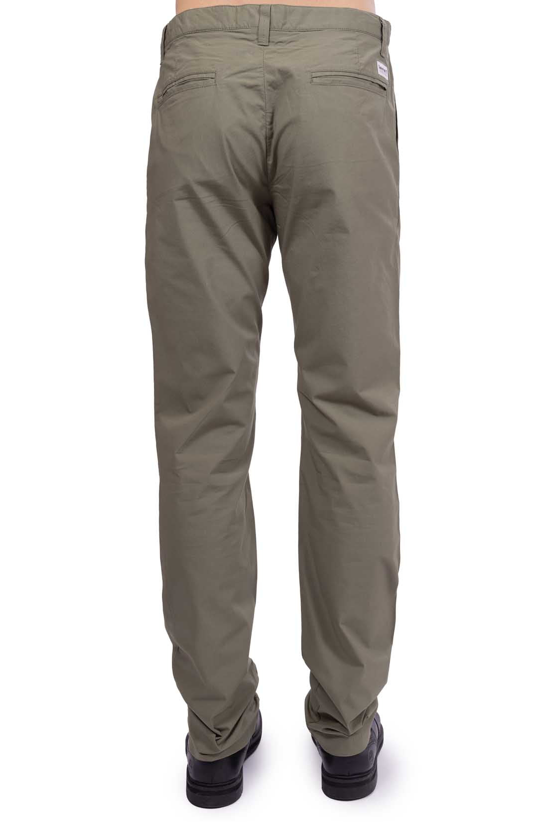 Men's military green stretch cotton chino trousers with a regular fit and back logo patch — view 3