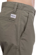 Men's military green stretch cotton chino trousers with a regular fit and back logo patch