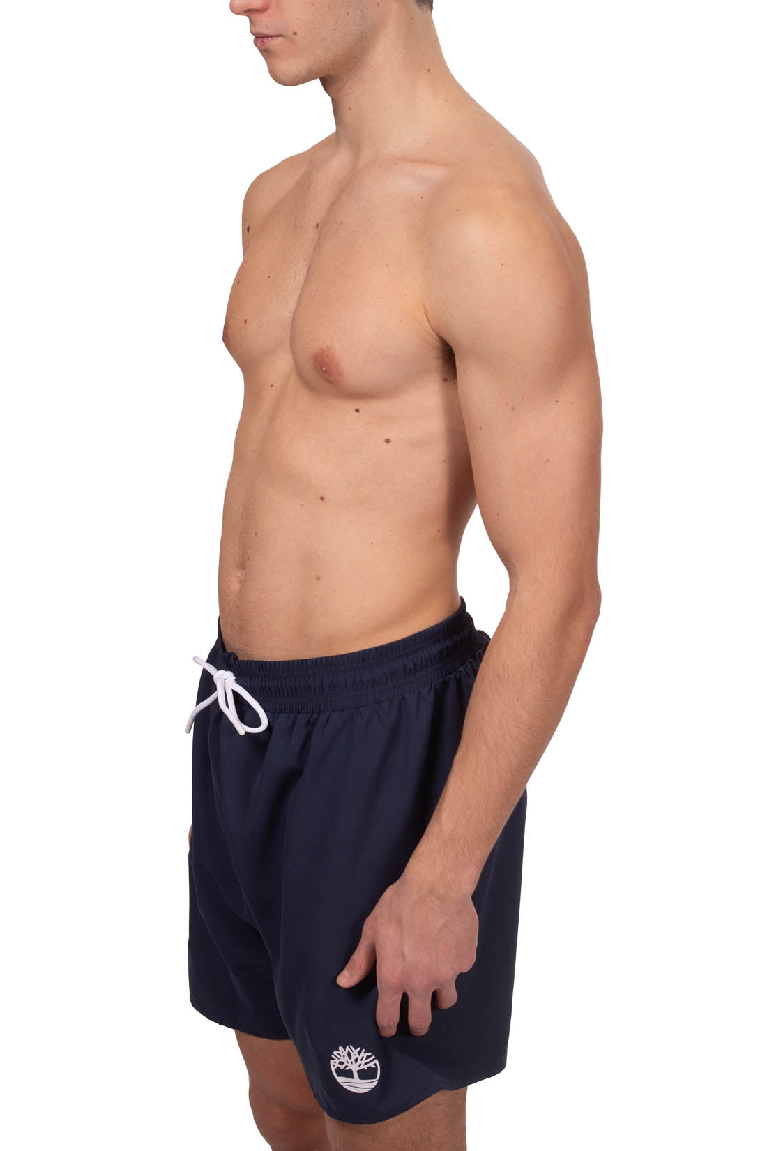Men's navy blue logo swim shorts featuring an elasticated drawstring waist and classic fit — view 24