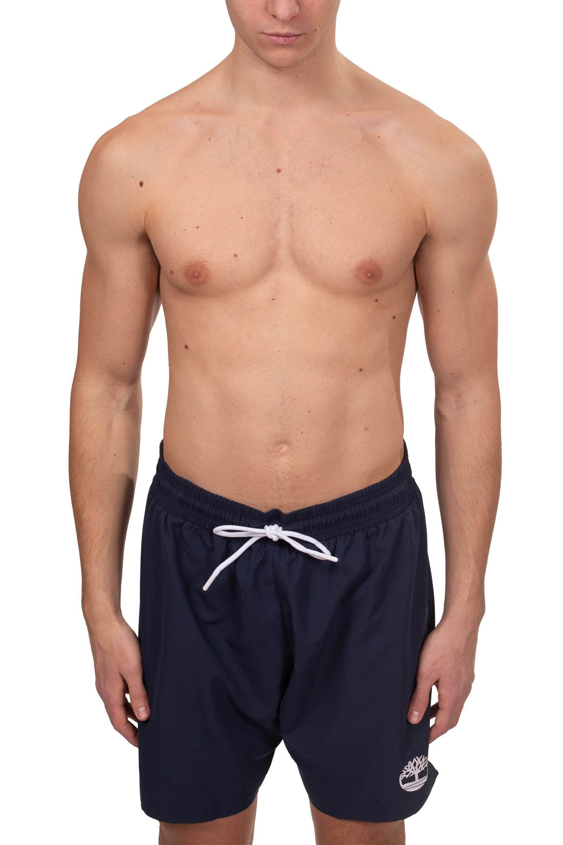 Men's navy blue logo swim shorts featuring an elasticated drawstring waist and classic fit — view 22
