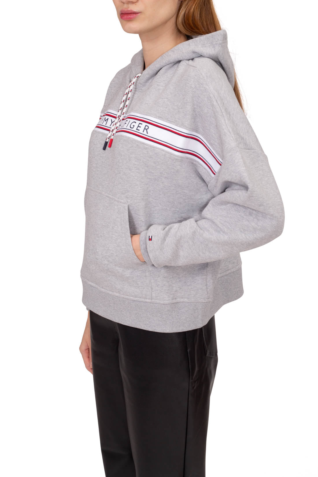 Women's heather grey cotton blend terry hoodie with logo taping and adjustable rope drawstring — view 12