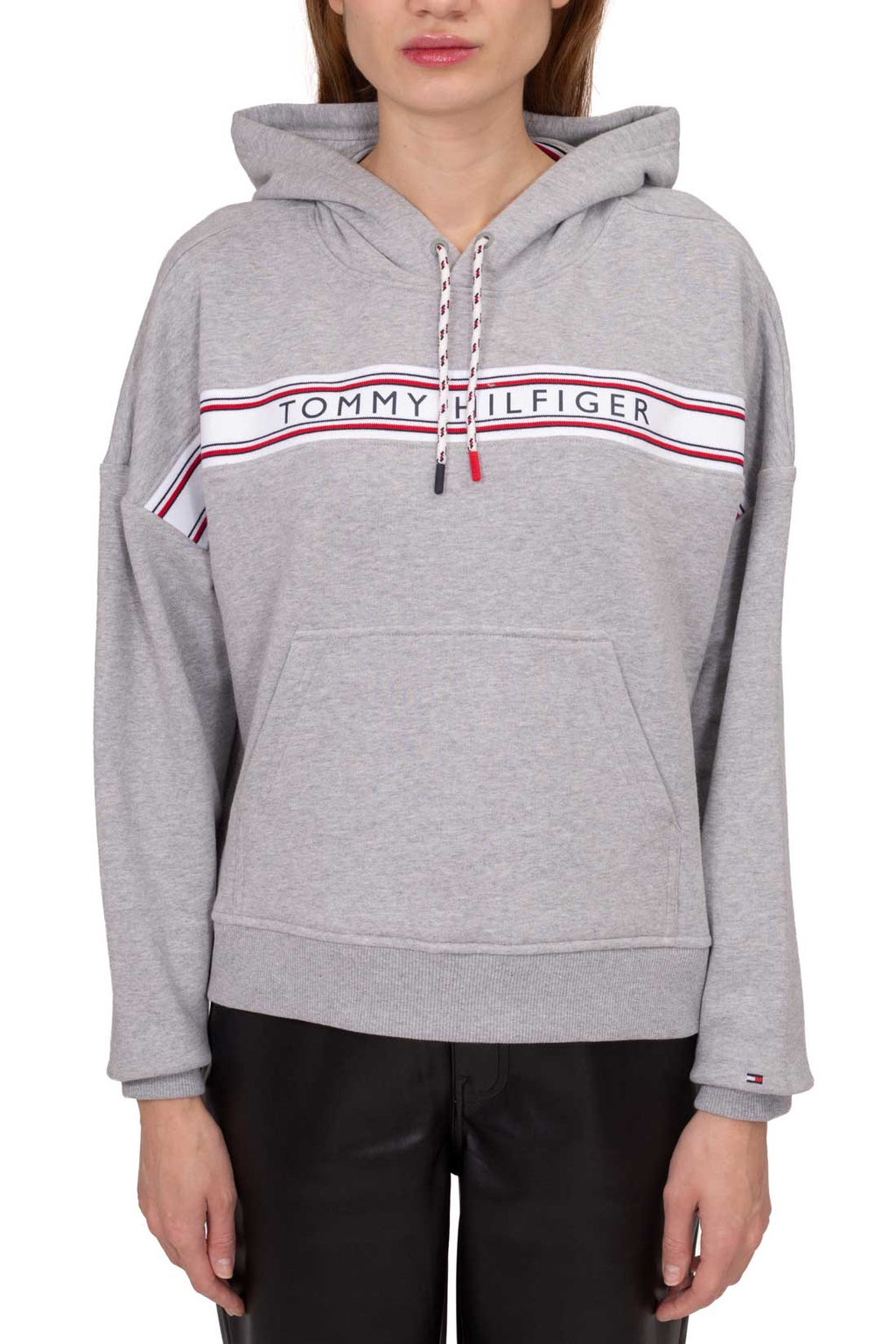 Women's heather grey cotton blend terry hoodie with logo taping and adjustable rope drawstring — view 2