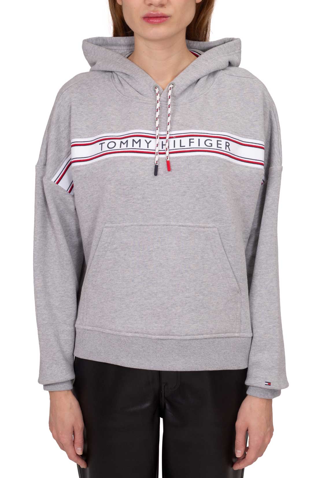 Women's heather grey cotton blend terry hoodie with logo taping and adjustable rope drawstring — view 10
