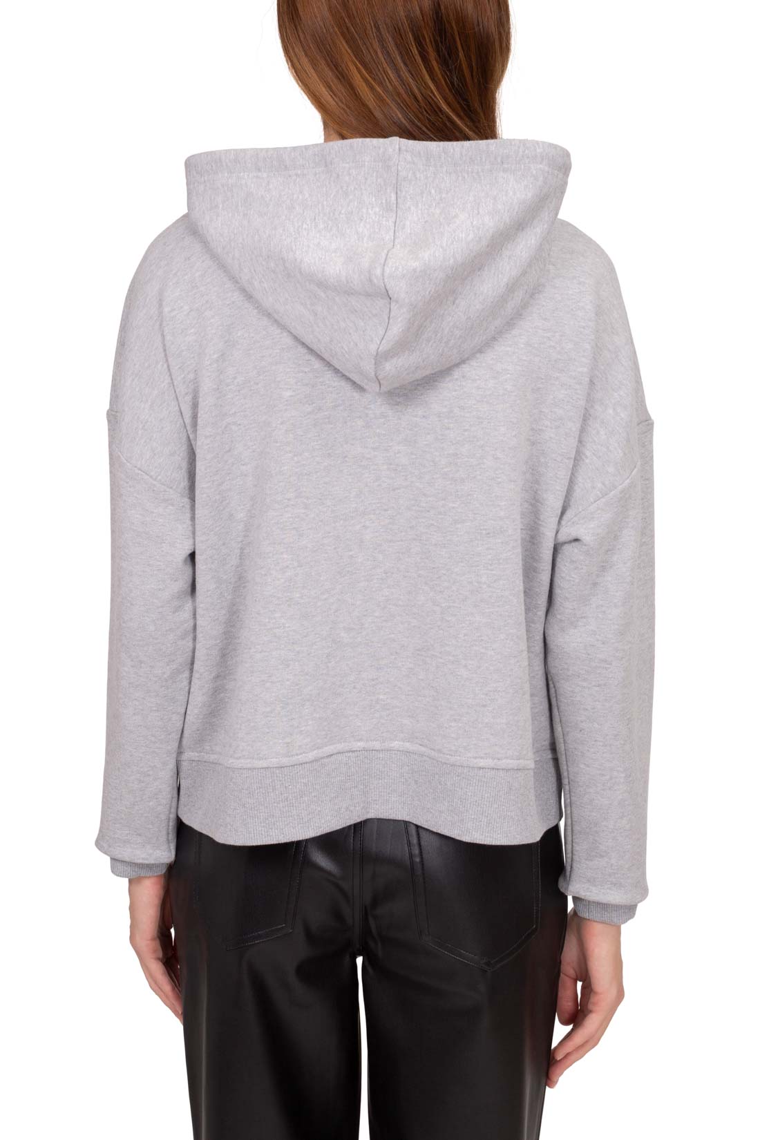 Women's heather grey cotton blend terry hoodie with logo taping and adjustable rope drawstring — view 3