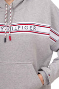 Women's heather grey cotton blend terry hoodie with logo taping and adjustable rope drawstring