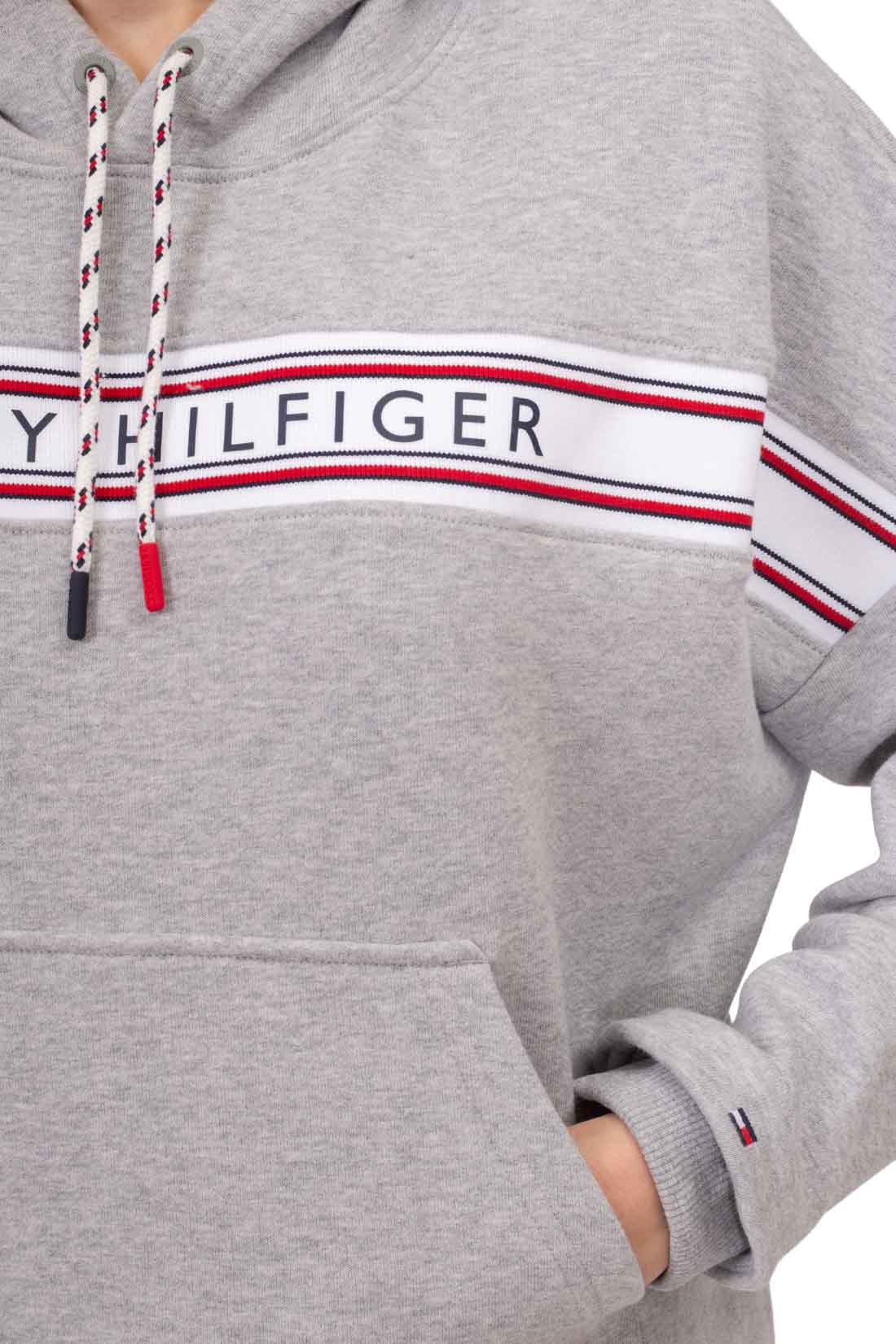 Women's heather grey cotton blend terry hoodie with logo taping and adjustable rope drawstring — view 5