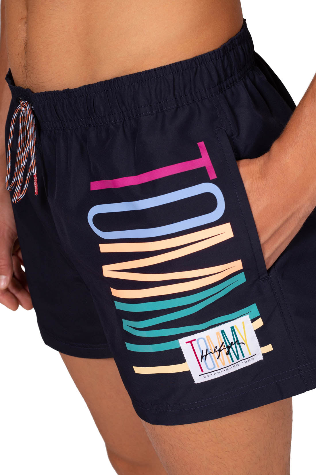Mens slim colorblock swim shorts in white recycled nylon with adjustable drawstring waist — view 3