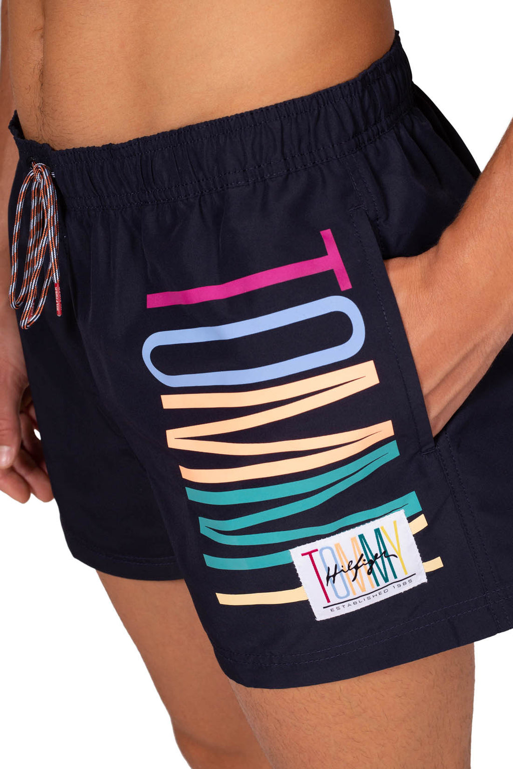 Mens slim colorblock swim shorts in white recycled nylon with adjustable drawstring waist — view 9
