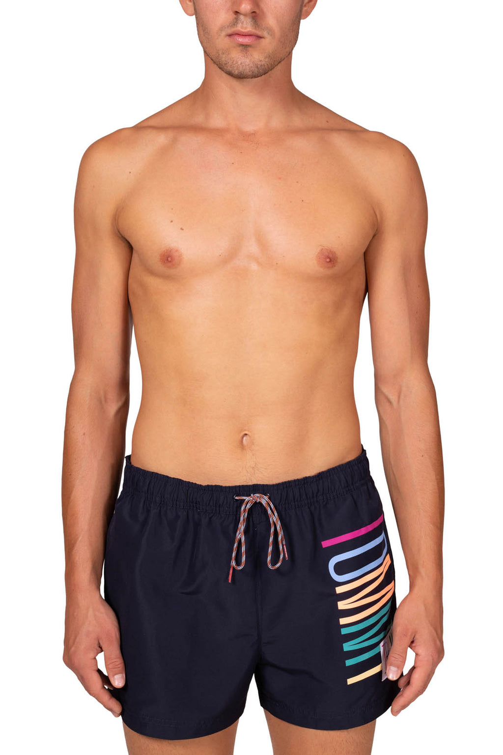 Mens slim colorblock swim shorts in white recycled nylon with adjustable drawstring waist — view 4