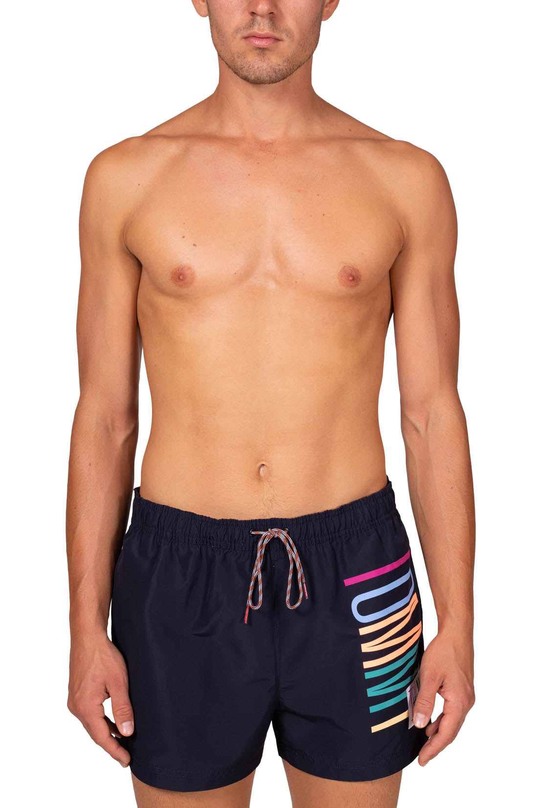 Mens slim colorblock swim shorts in white recycled nylon with adjustable drawstring waist — view 4