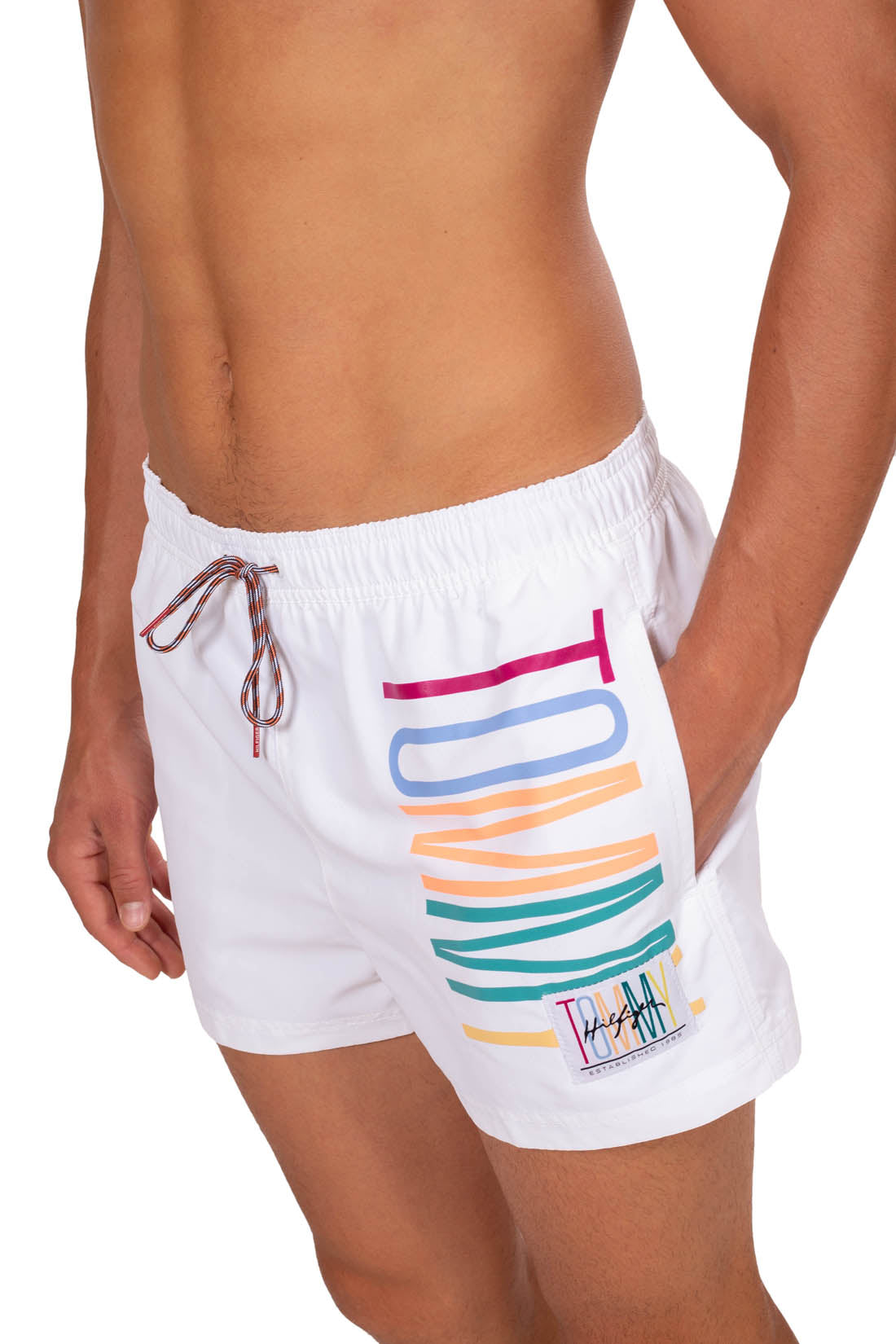 Mens slim colorblock swim shorts in white recycled nylon with adjustable drawstring waist — view 21