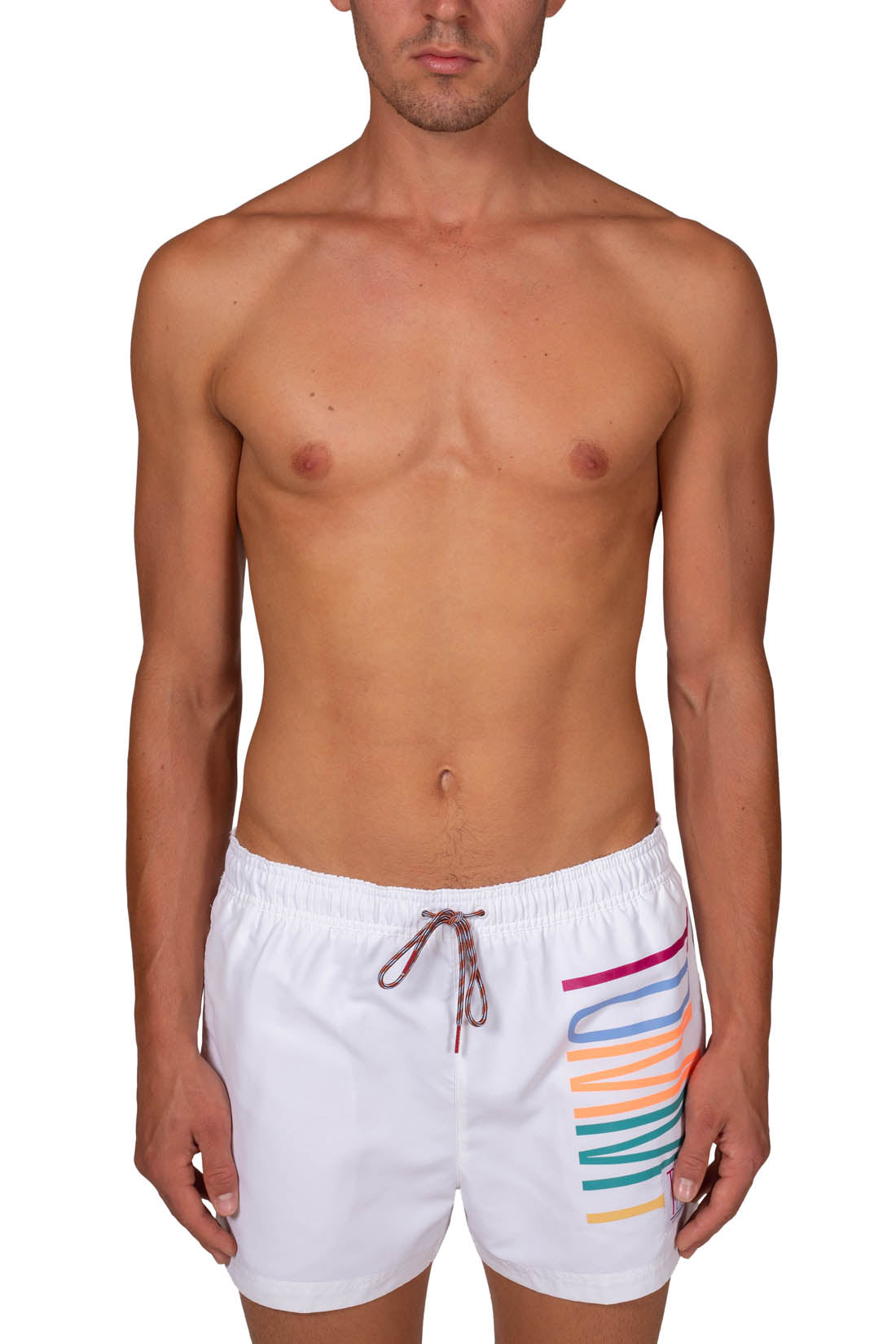 Mens slim colorblock swim shorts in white recycled nylon with adjustable drawstring waist — view 13