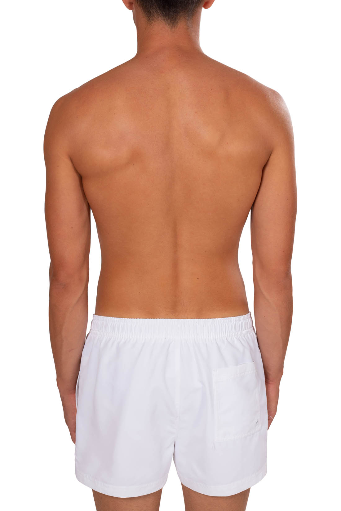 White slim fit men's swim shorts with colorblock logo and adjustable drawstring waist in recycled polyester — view 14