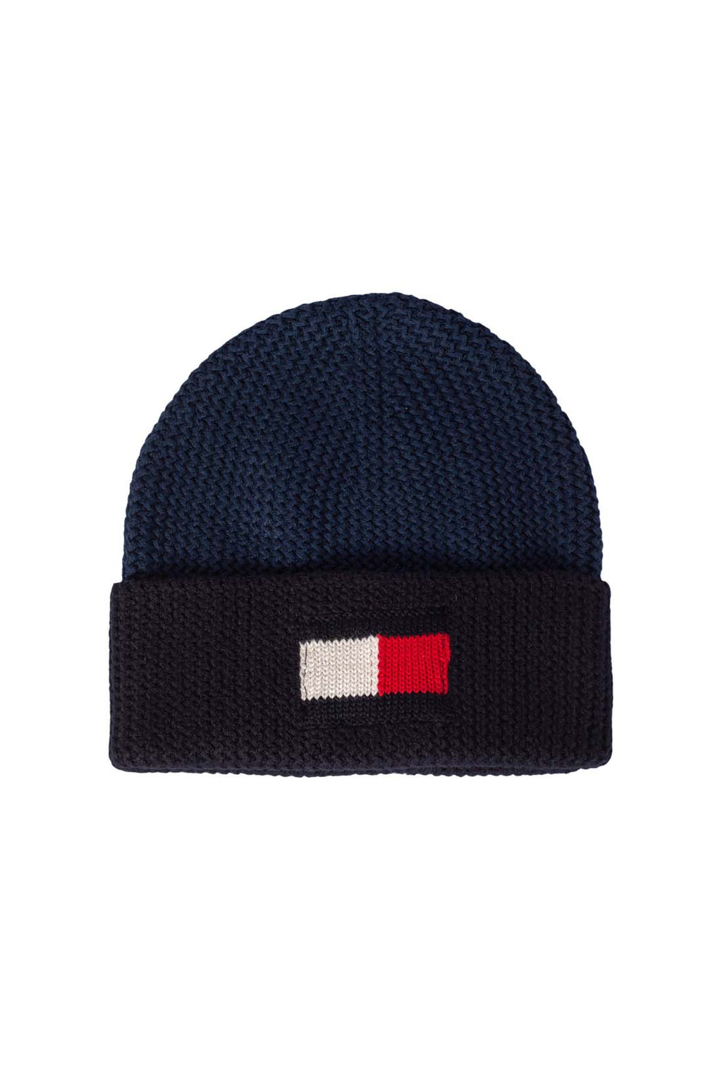 Men's knitted winter beanie in blue and black cotton cashmere blend with embroidered flag logo. — view 3