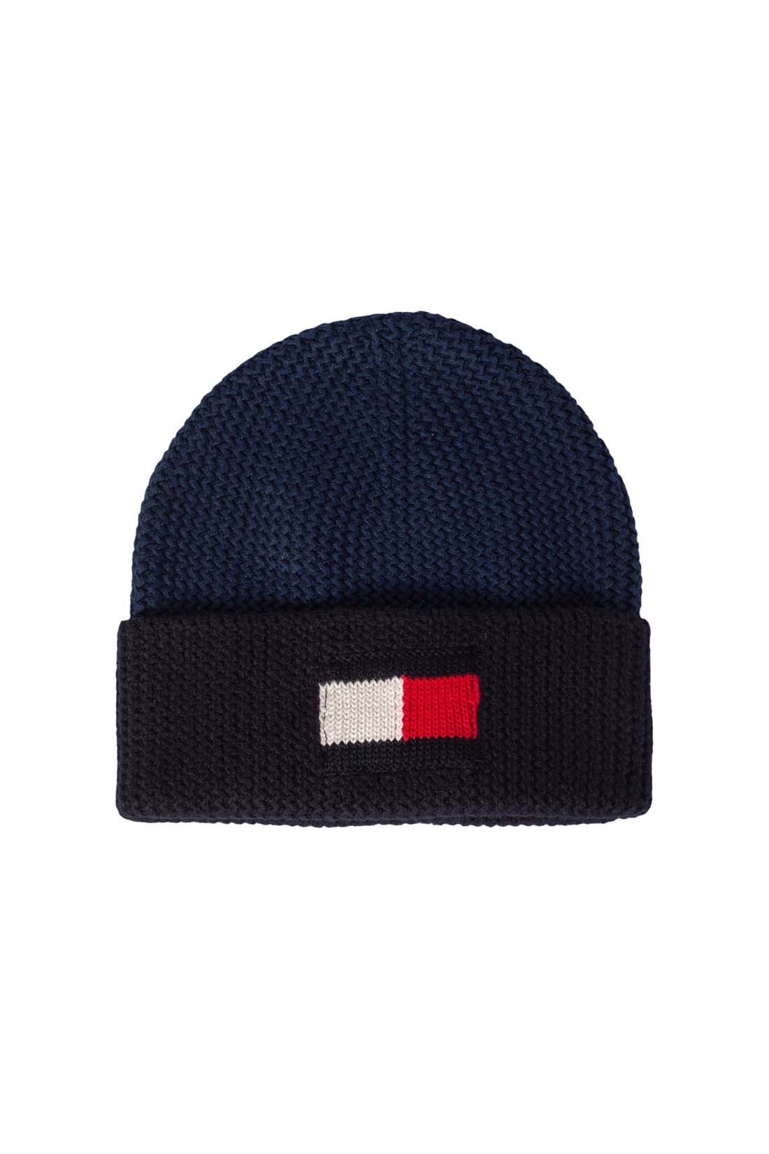 Men's knitted winter beanie in blue and black cotton cashmere blend with embroidered flag logo. — view 6