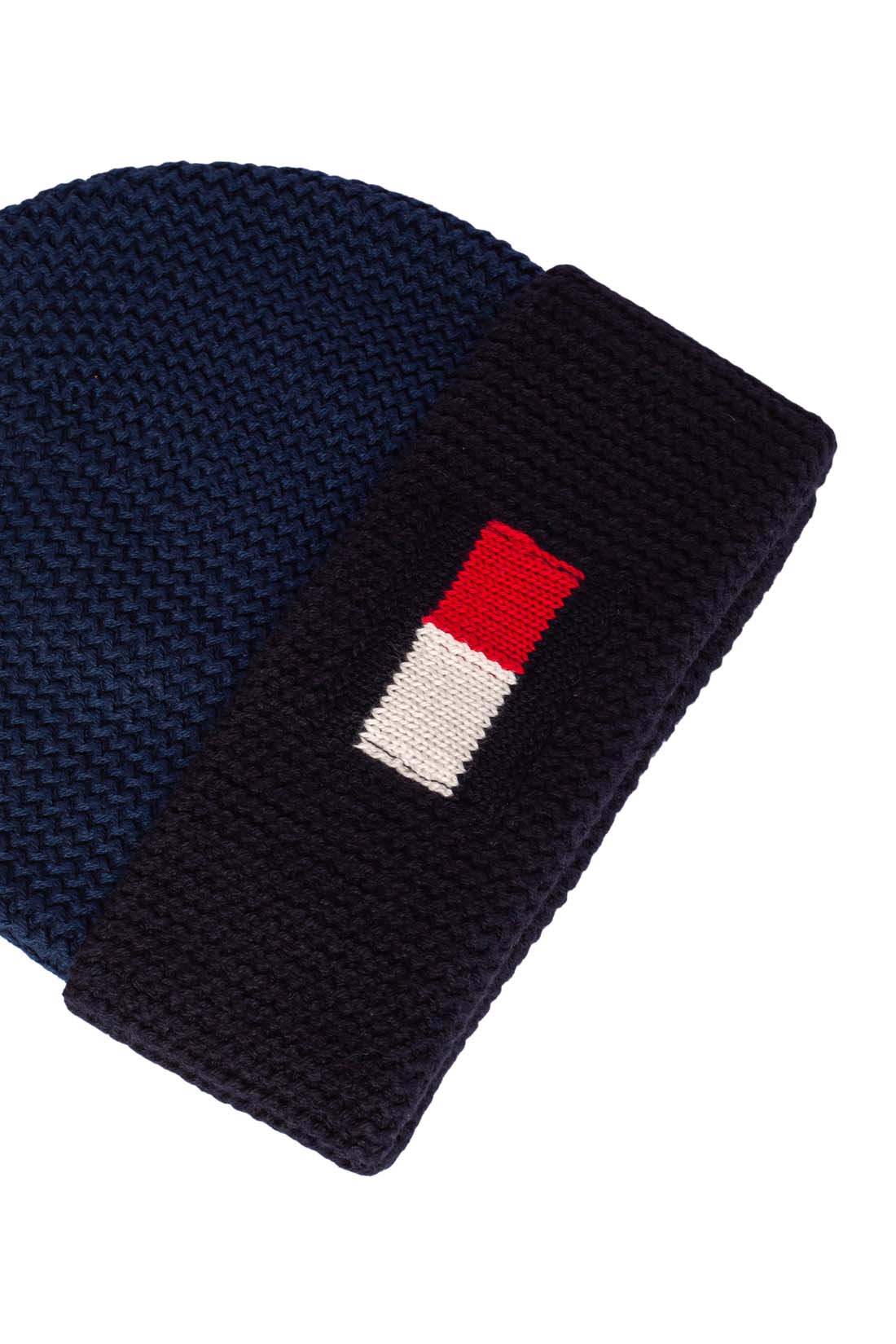 Men's knitted winter beanie in blue and black cotton cashmere blend with embroidered flag logo. — view 2
