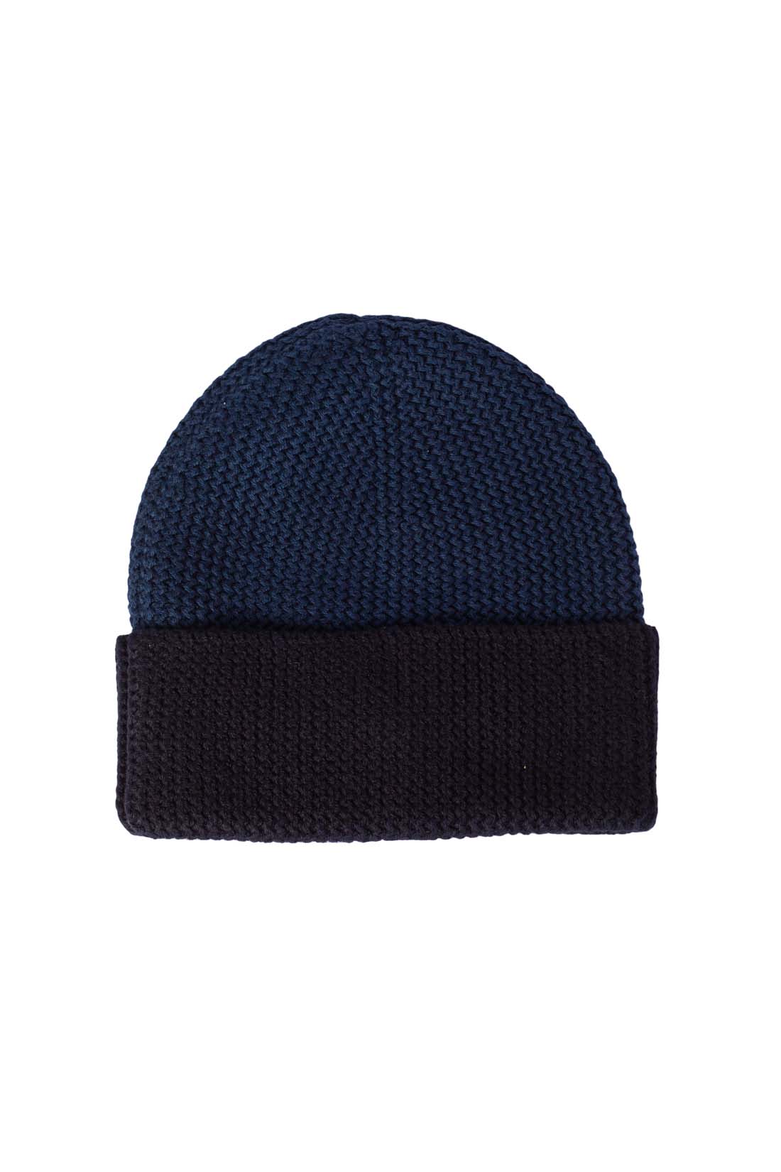 Men's knitted winter beanie in blue and black cotton cashmere blend with embroidered flag logo. — view 4