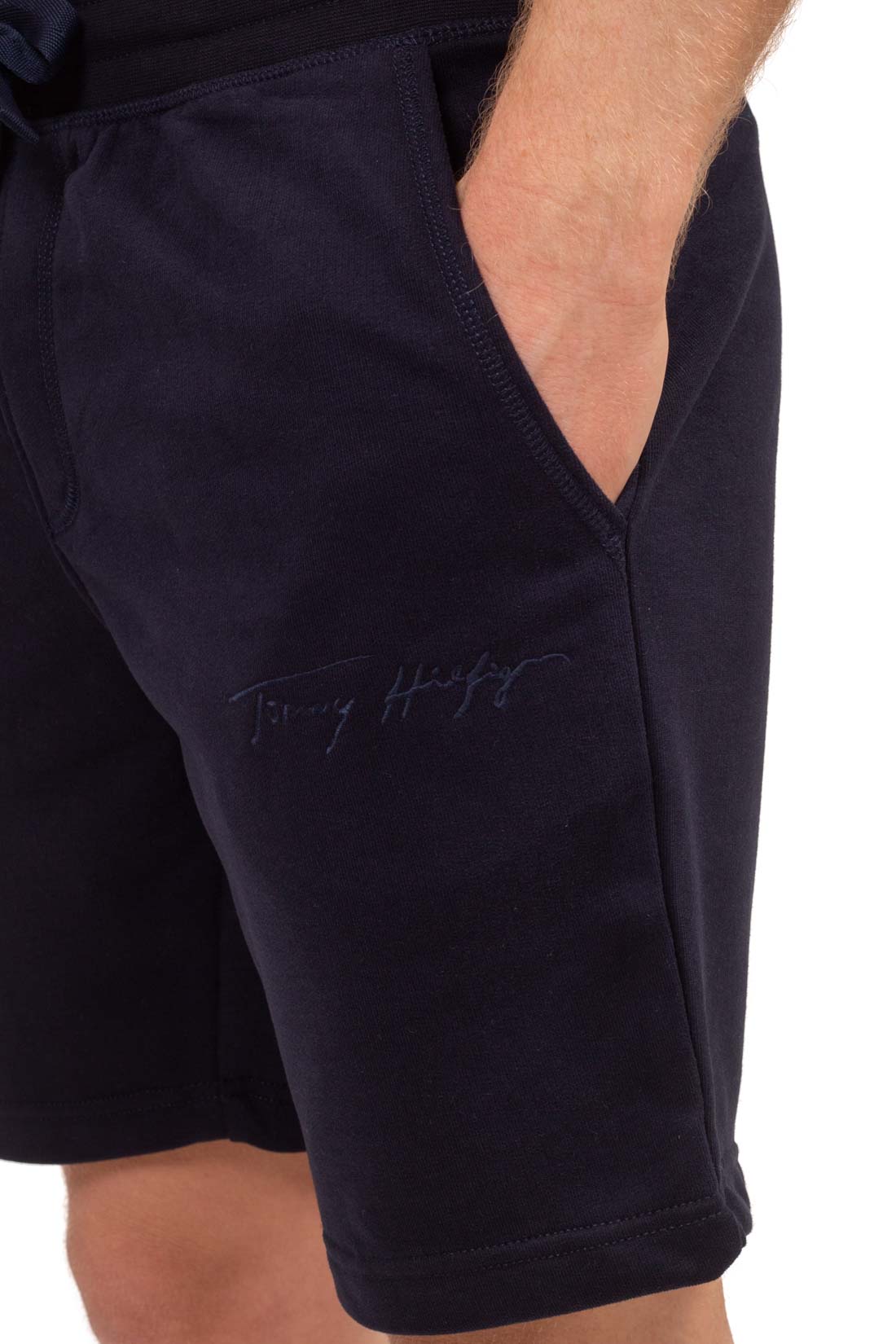 Navy blue men's cotton terry shorts with elastic drawstring waist and signature logo embroidery — view 9