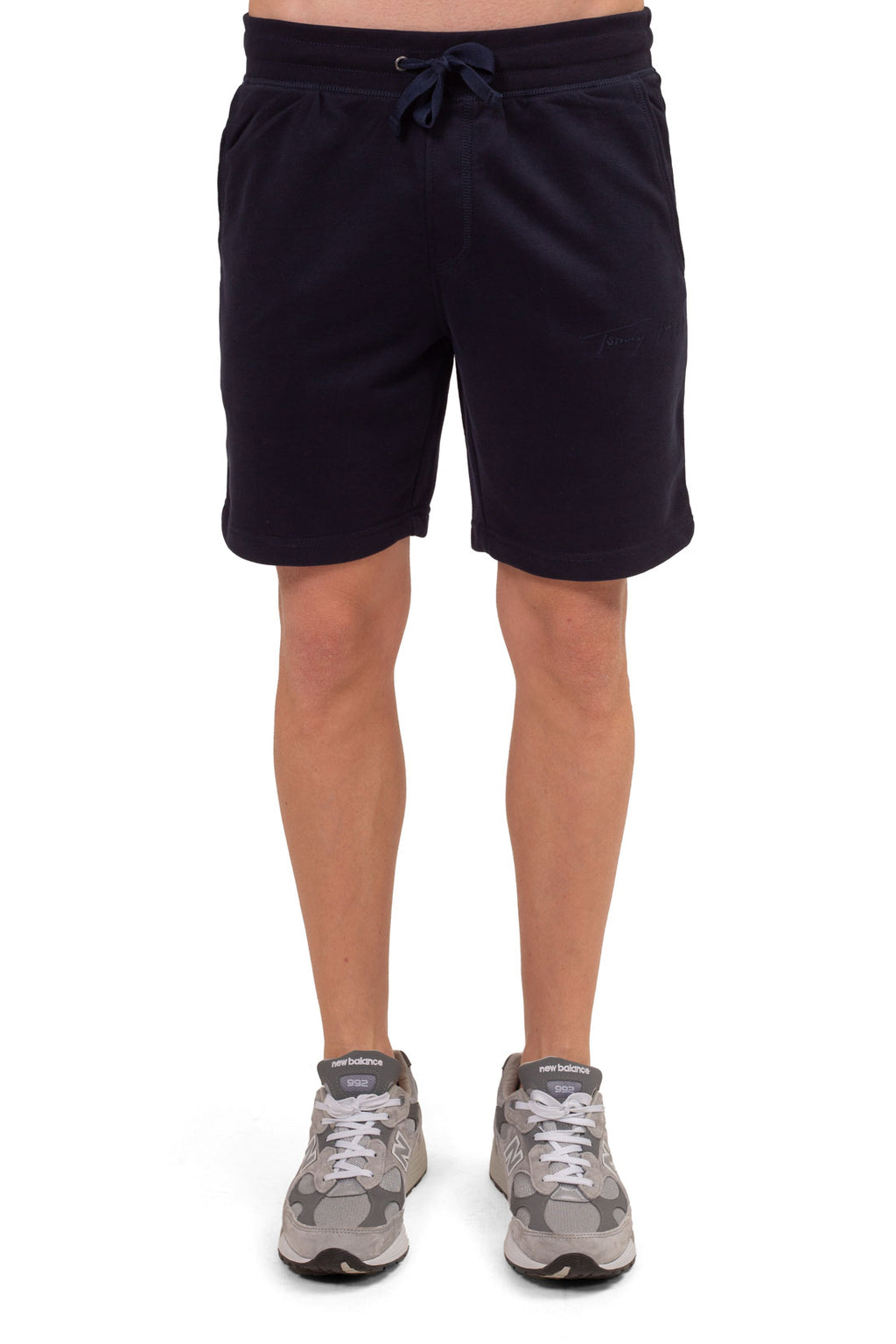 Navy blue men's cotton terry shorts with elastic drawstring waist and signature logo embroidery — view 2