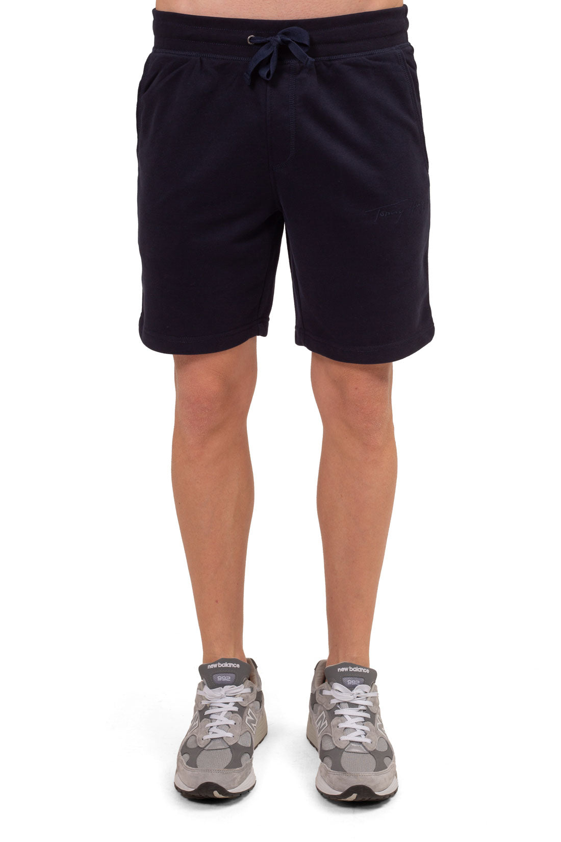 Navy blue men's cotton terry shorts with elastic drawstring waist and signature logo embroidery — view 2