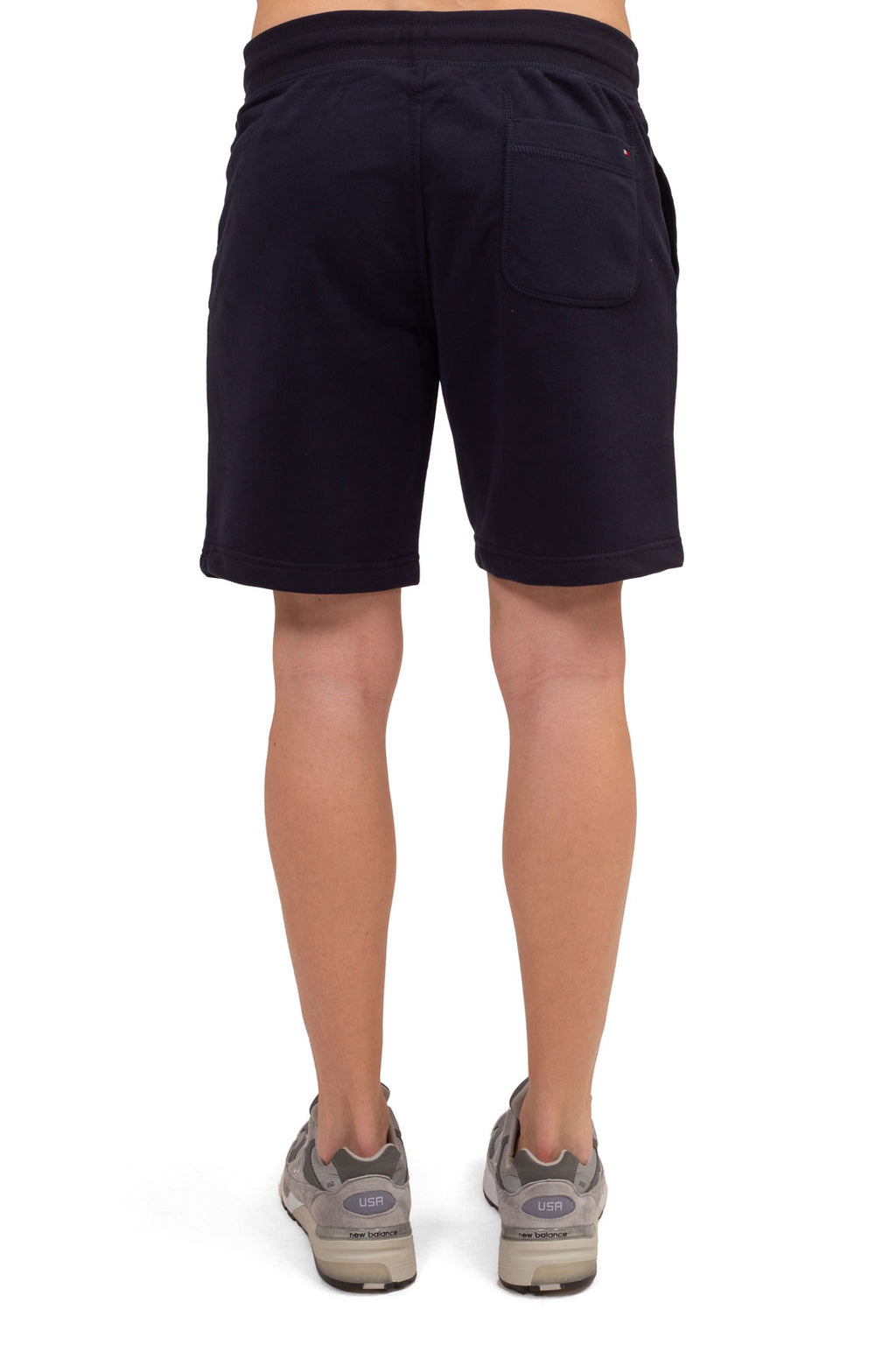 Navy blue men's cotton terry shorts with elastic drawstring waist and signature logo embroidery — view 7