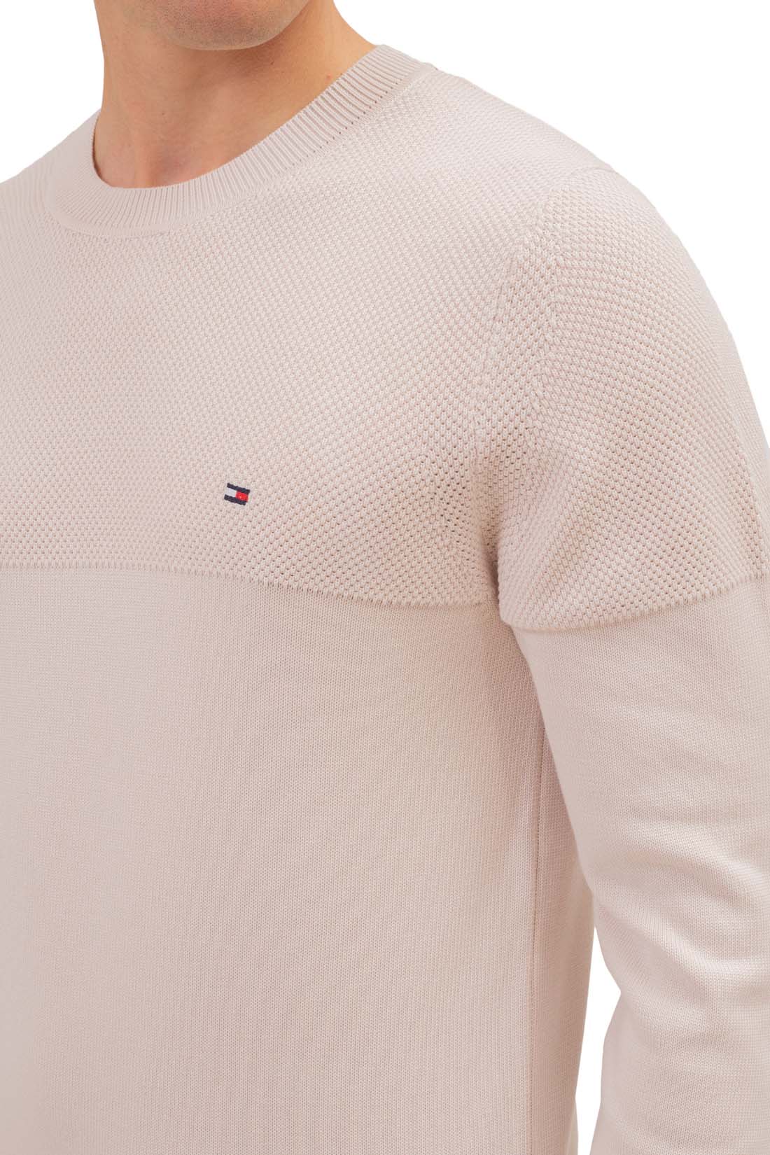 Ivory pure cotton men's crew neck pullover sweater featuring contrasting textured knits and ribbed trim. — view 9