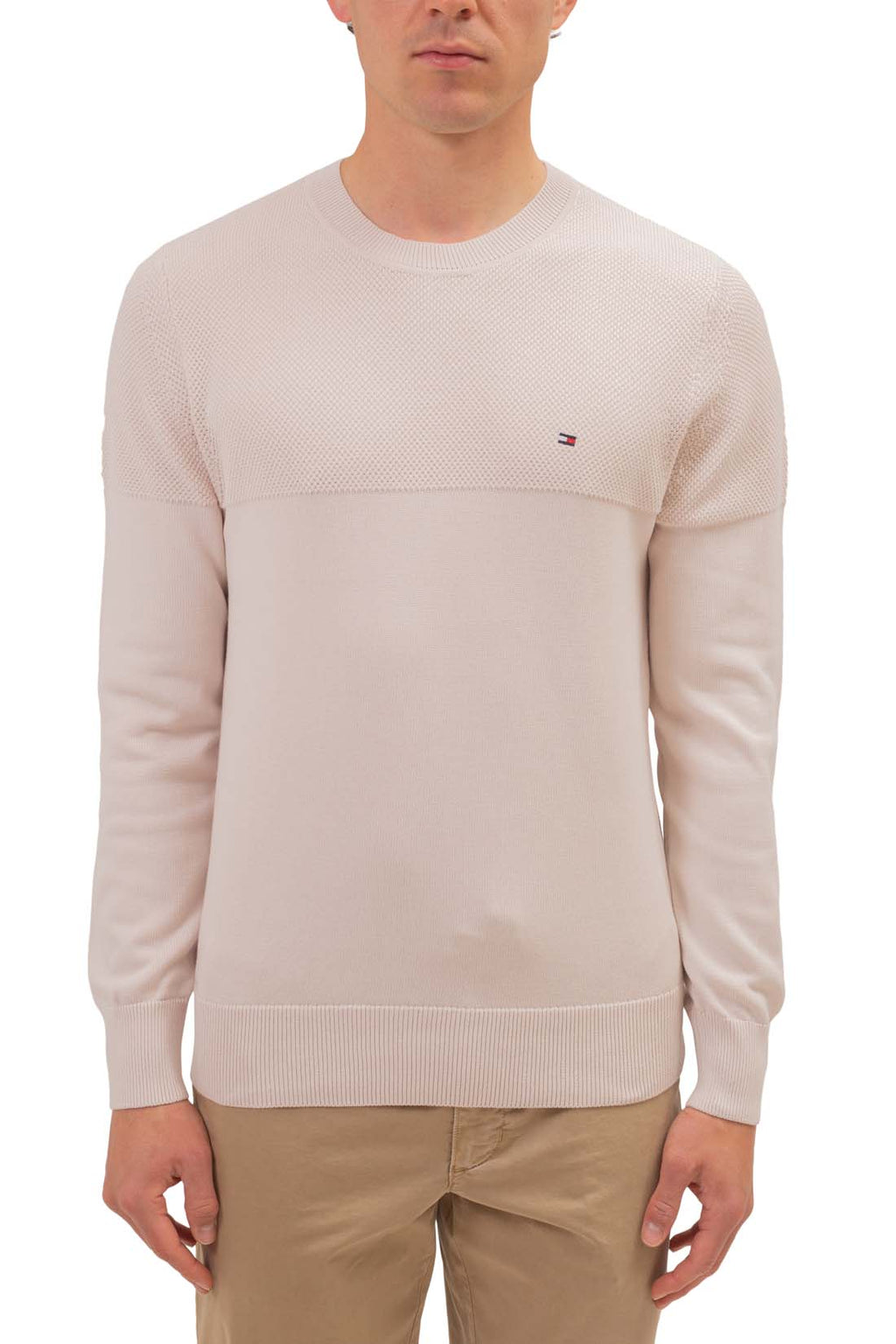 Ivory pure cotton men's crew neck pullover sweater featuring contrasting textured knits and ribbed trim. — view 14
