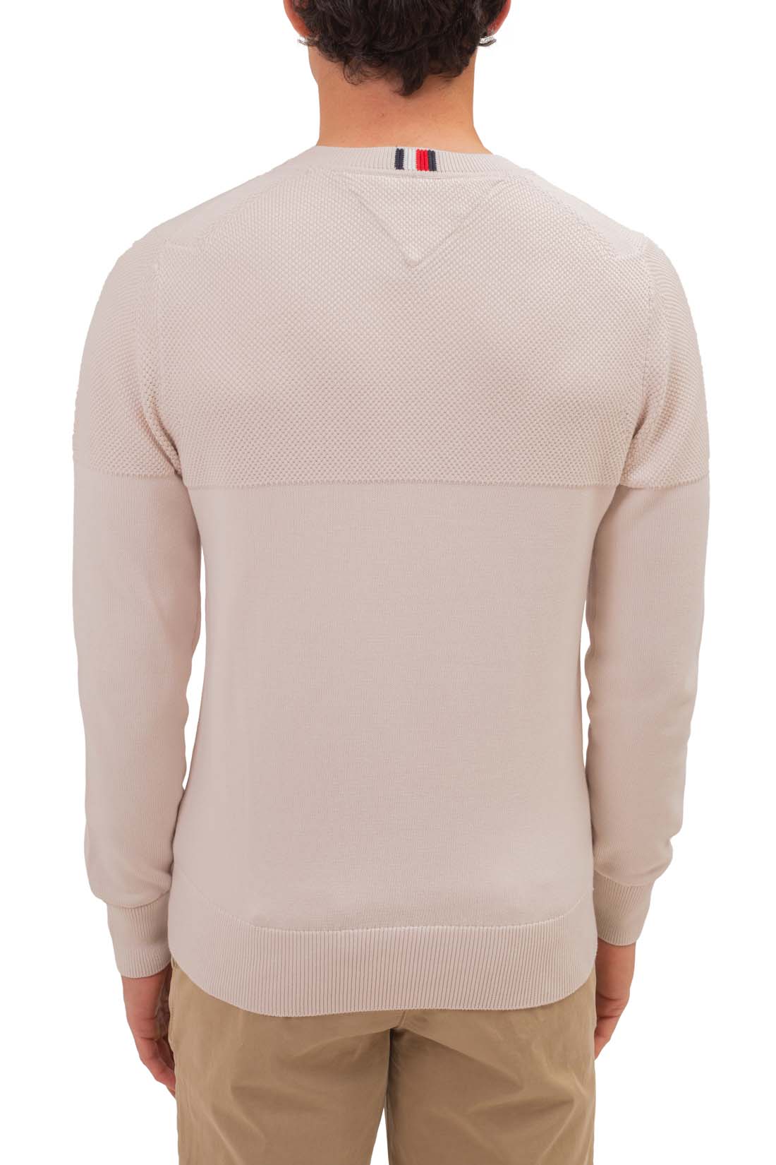 Ivory pure cotton men's crew neck pullover sweater featuring contrasting textured knits and ribbed trim. — view 13