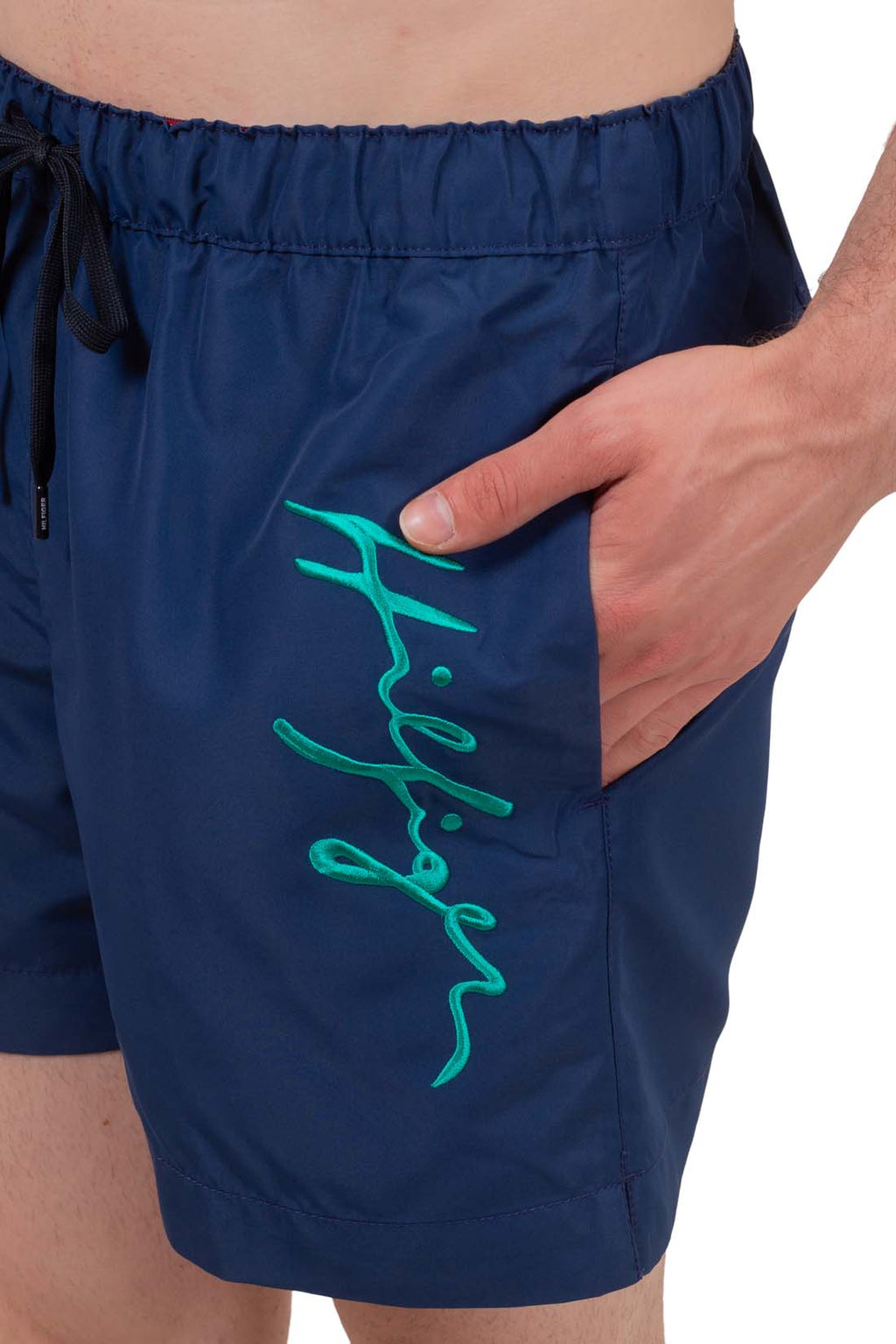 Mens white signature swim shorts with elastic drawstring waistband and embroidered front logo on lightweight fabric — view 3