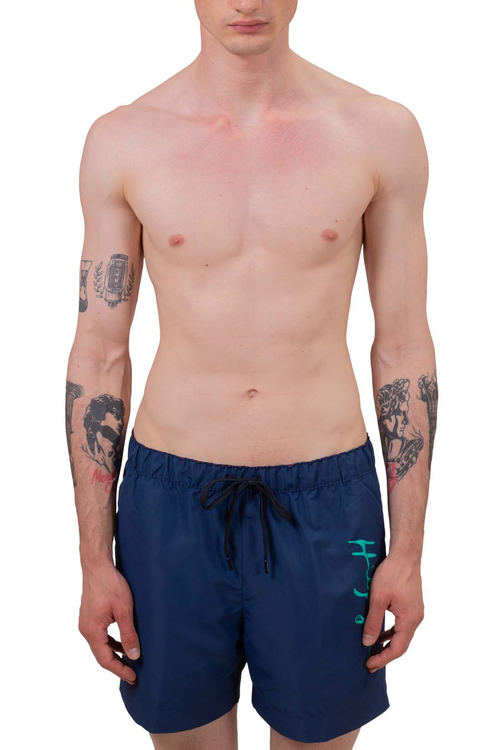 Mens white signature swim shorts with elastic drawstring waistband and embroidered front logo on lightweight fabric — view 2