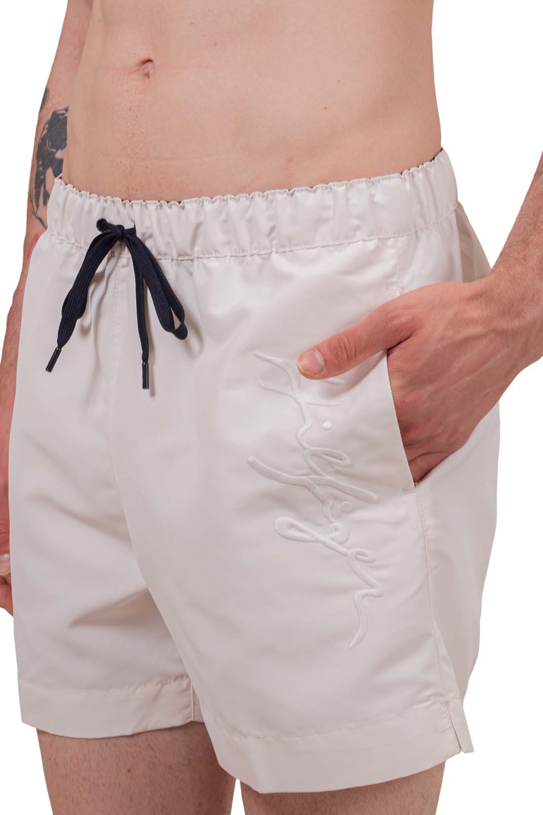 Mens white signature swim shorts with elastic drawstring waistband and embroidered front logo on lightweight fabric — view 12