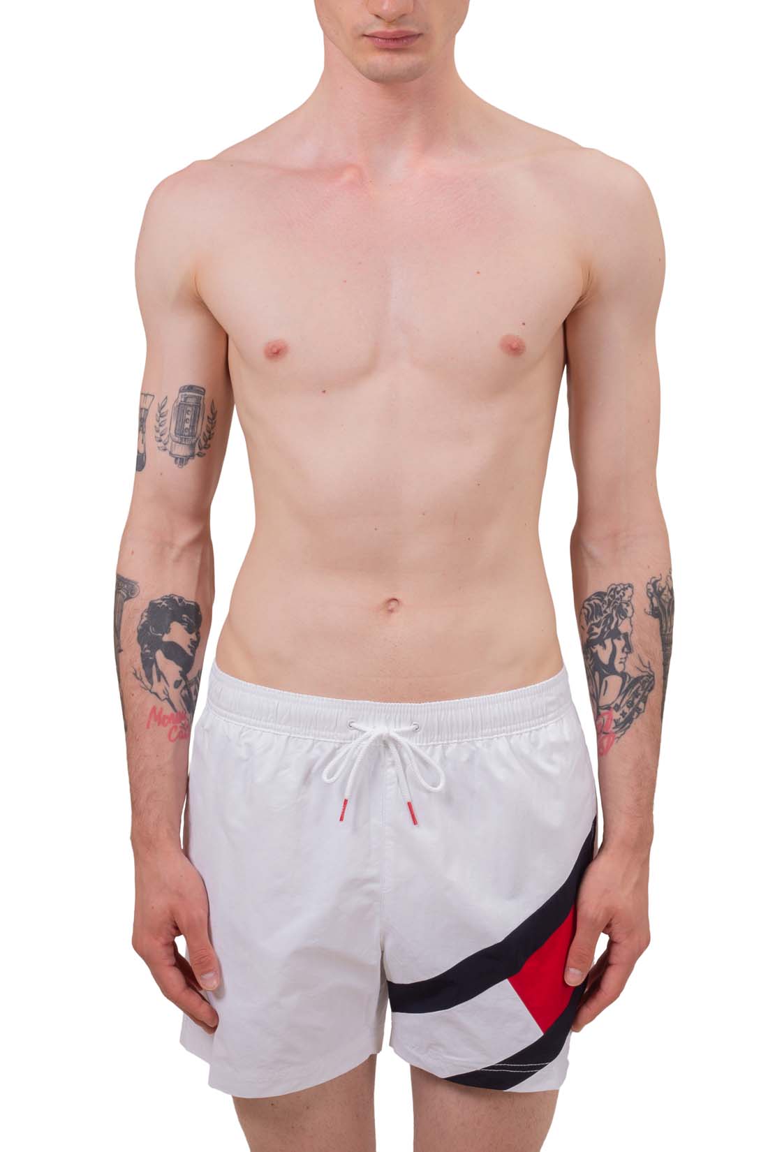 Men's slim fit white nylon swim shorts with drawstring waist and embroidered flag detail — view 8
