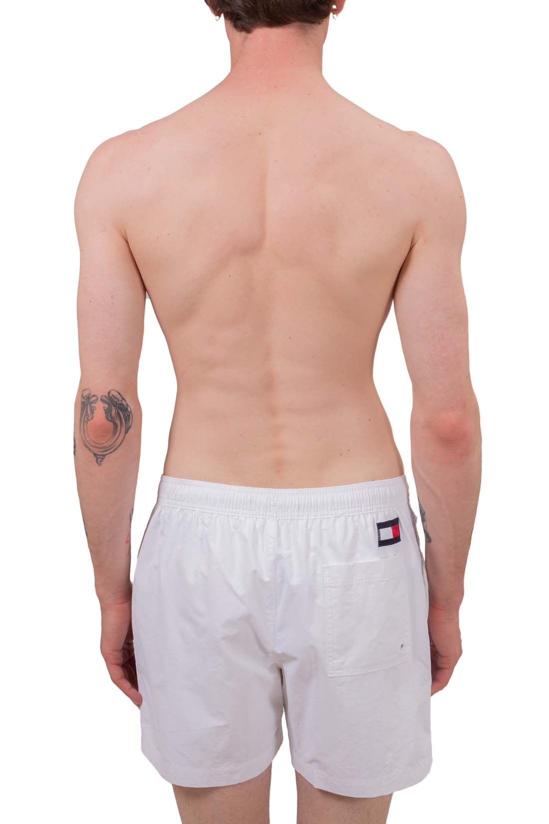 Men's slim fit white nylon swim shorts with drawstring waist and embroidered flag detail — view 10