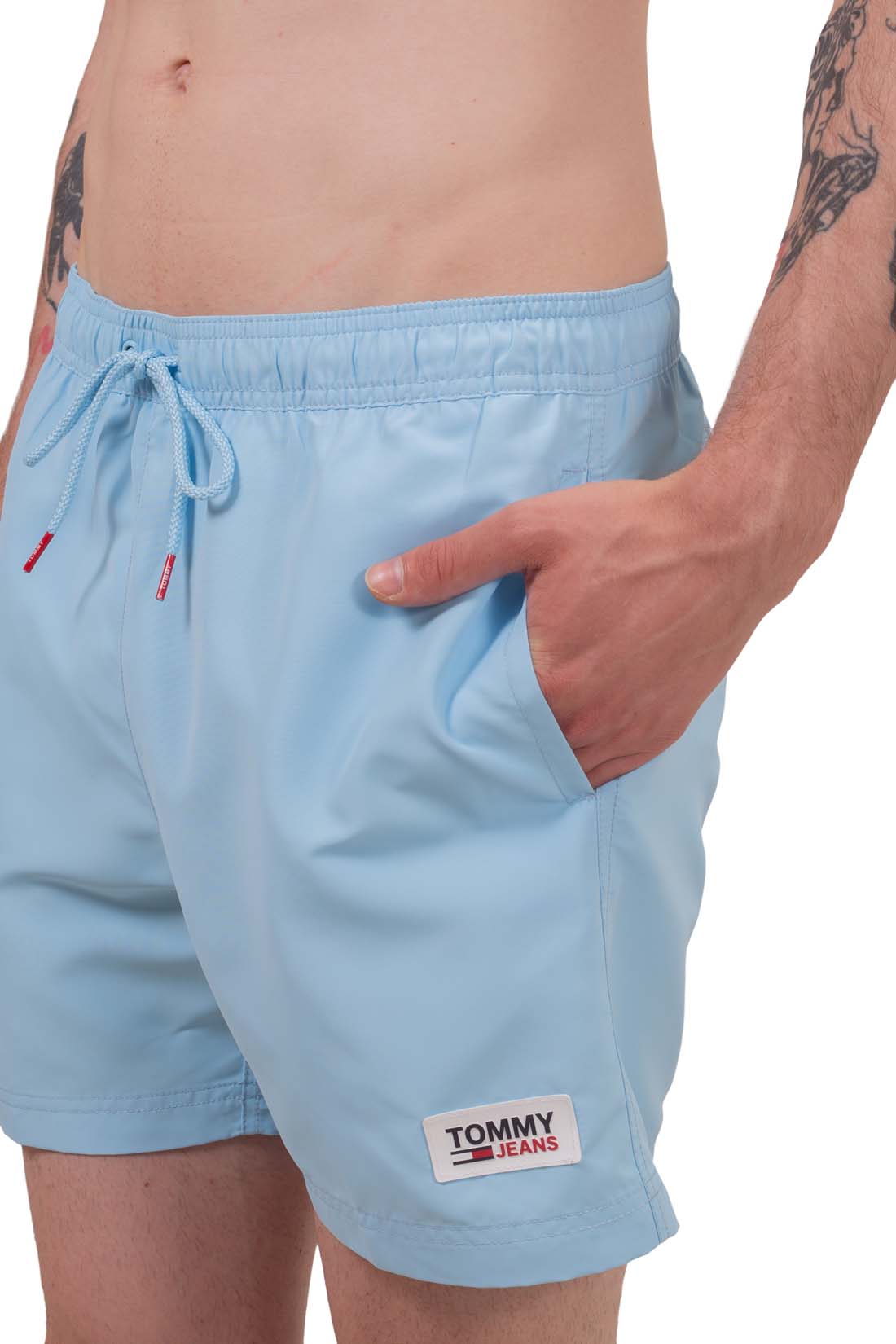 Tommy Jeans men's swim shorts in light blue with logo patch and elastic drawstring waist — view 3