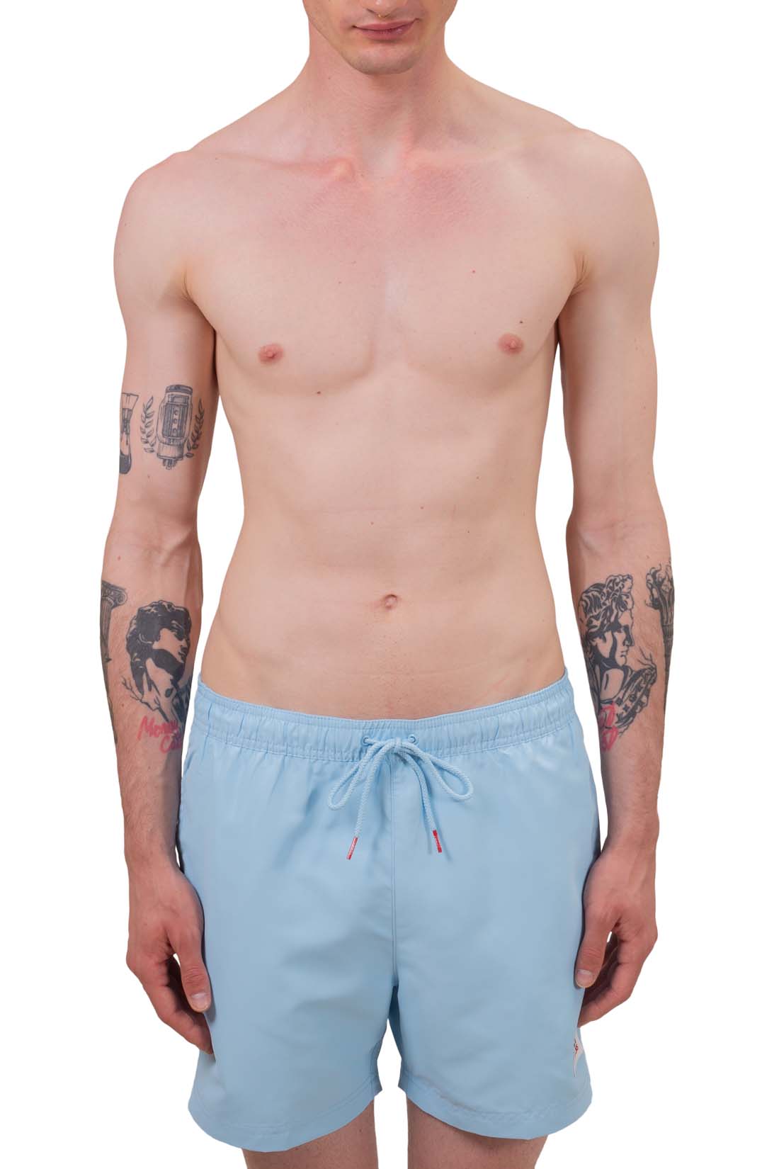Tommy Jeans men's swim shorts in light blue with logo patch and elastic drawstring waist — view 2