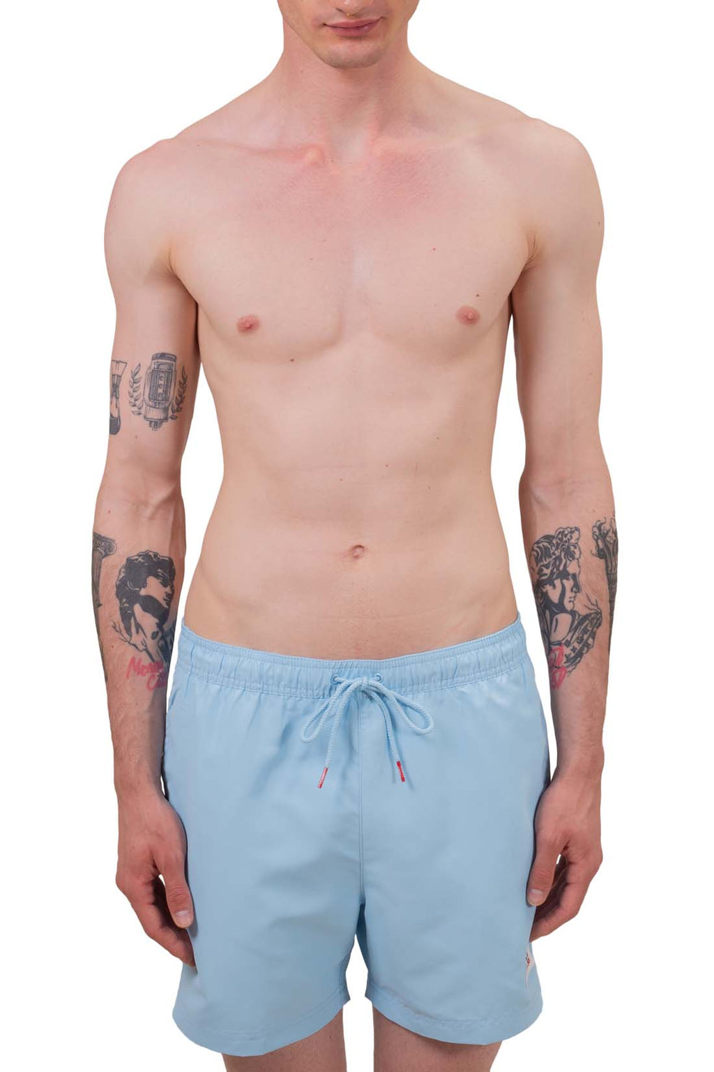 Tommy Jeans men's swim shorts in light blue with logo patch and elastic drawstring waist — view 8