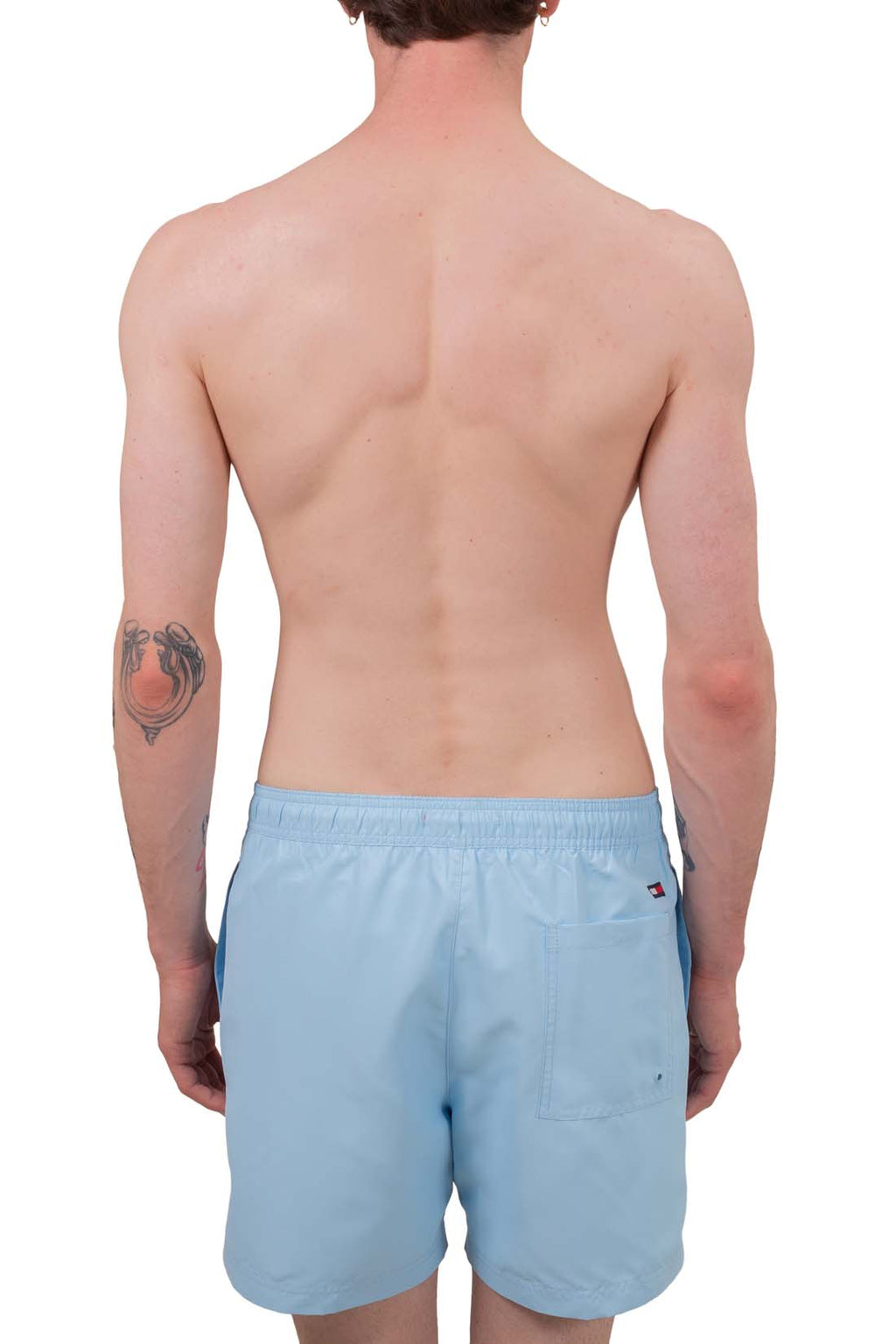 Tommy Jeans men's swim shorts in light blue with logo patch and elastic drawstring waist — view 4