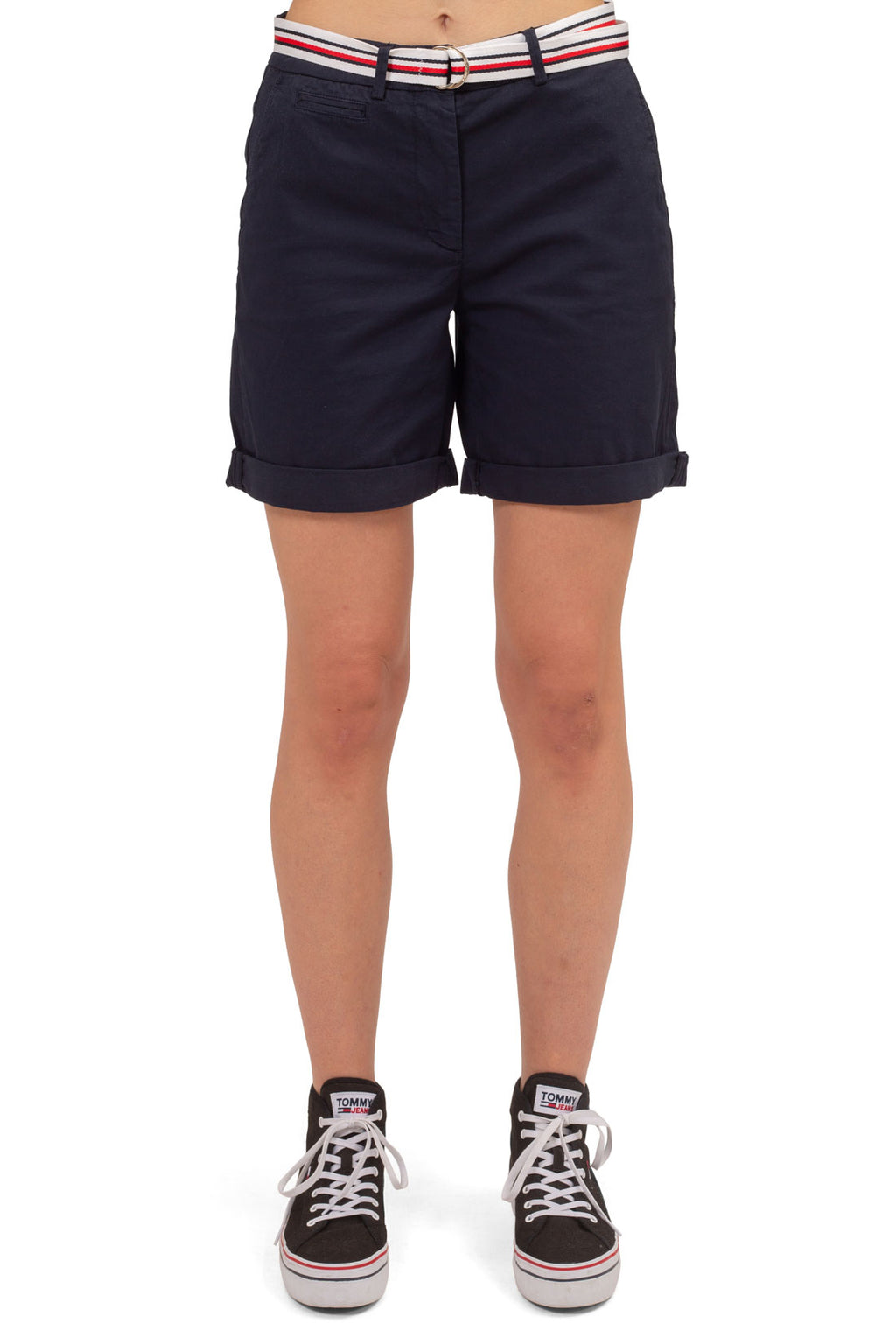 Women's lemon yellow chino shorts with signature adjustable belt and classic five pocket design. — view 18